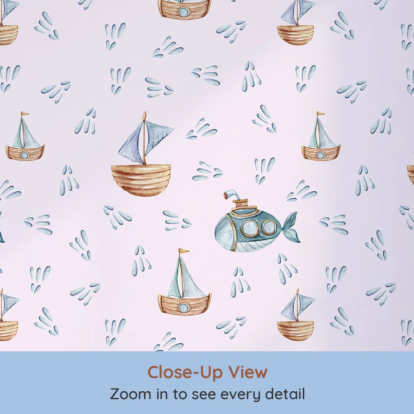 Close-up view of Whimsy Tots' Seaside Vessel Parade Wallpaper in Pink (W3399B).Submarines and sailboats float gently through a pastel-pink ocean sky.