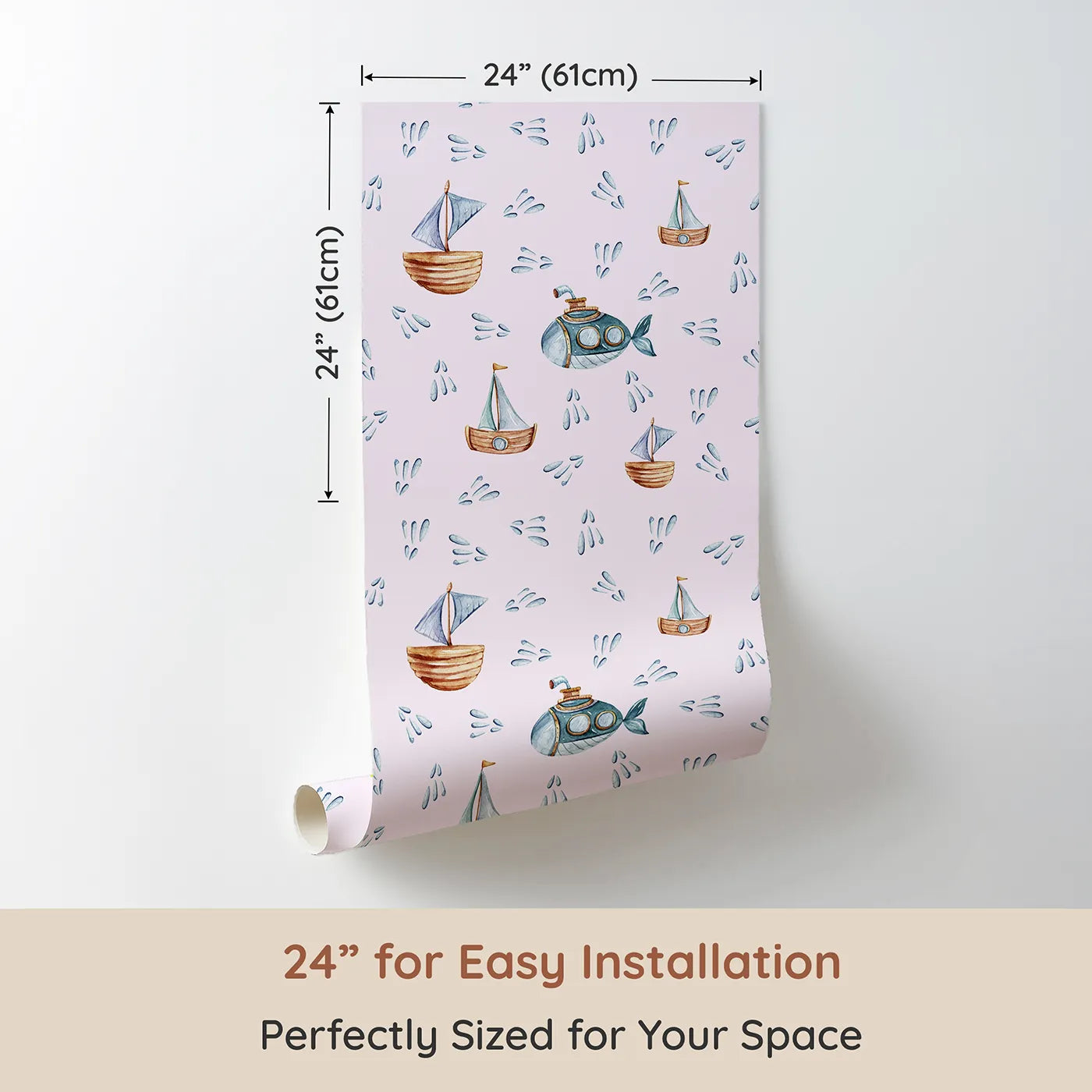 Dimension view of Whimsy Tots Seaside Vessel Parade Wallpaper in Pink (W3399B). Printed in 24-inch-wide panel for easy installation. Submarines and sailboats float gently through a pastel-pink ocean sky.