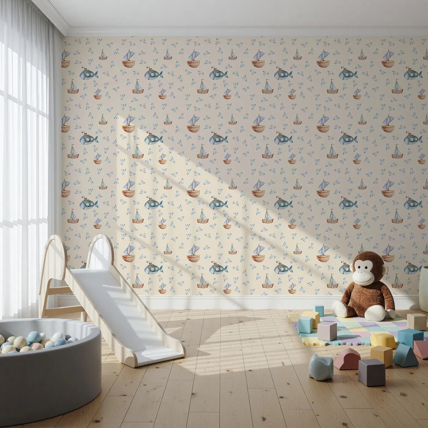 Front view of Whimsy Tots' Seaside Vessel Parade Wallpaper in Beige