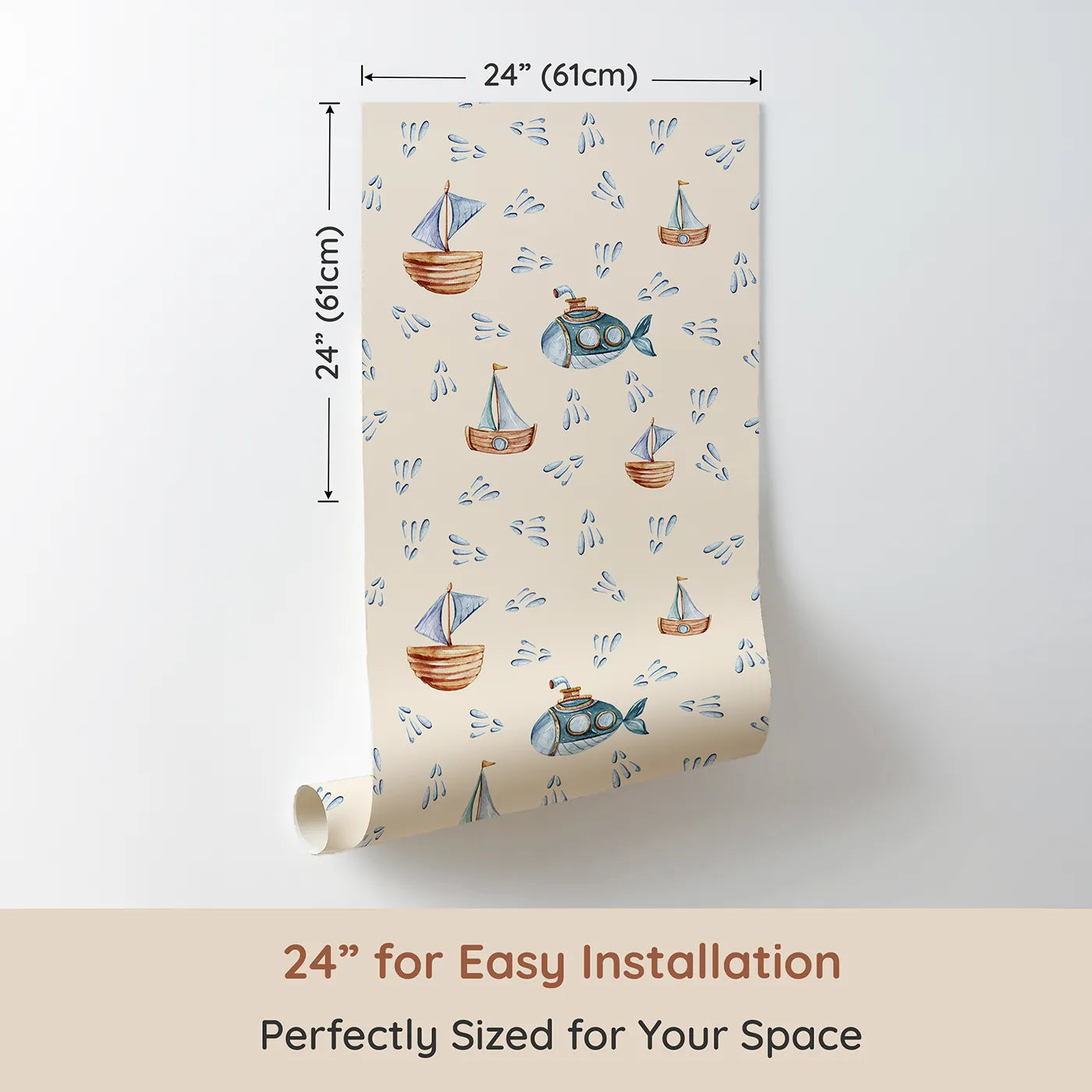 Dimension view of Whimsy Tots Seaside Vessel Parade Wallpaper in Beige (W3399C). Printed in 24-inch-wide panel for easy installation. Watercolor sailboats and submarines float gently across a sandy beige sea.