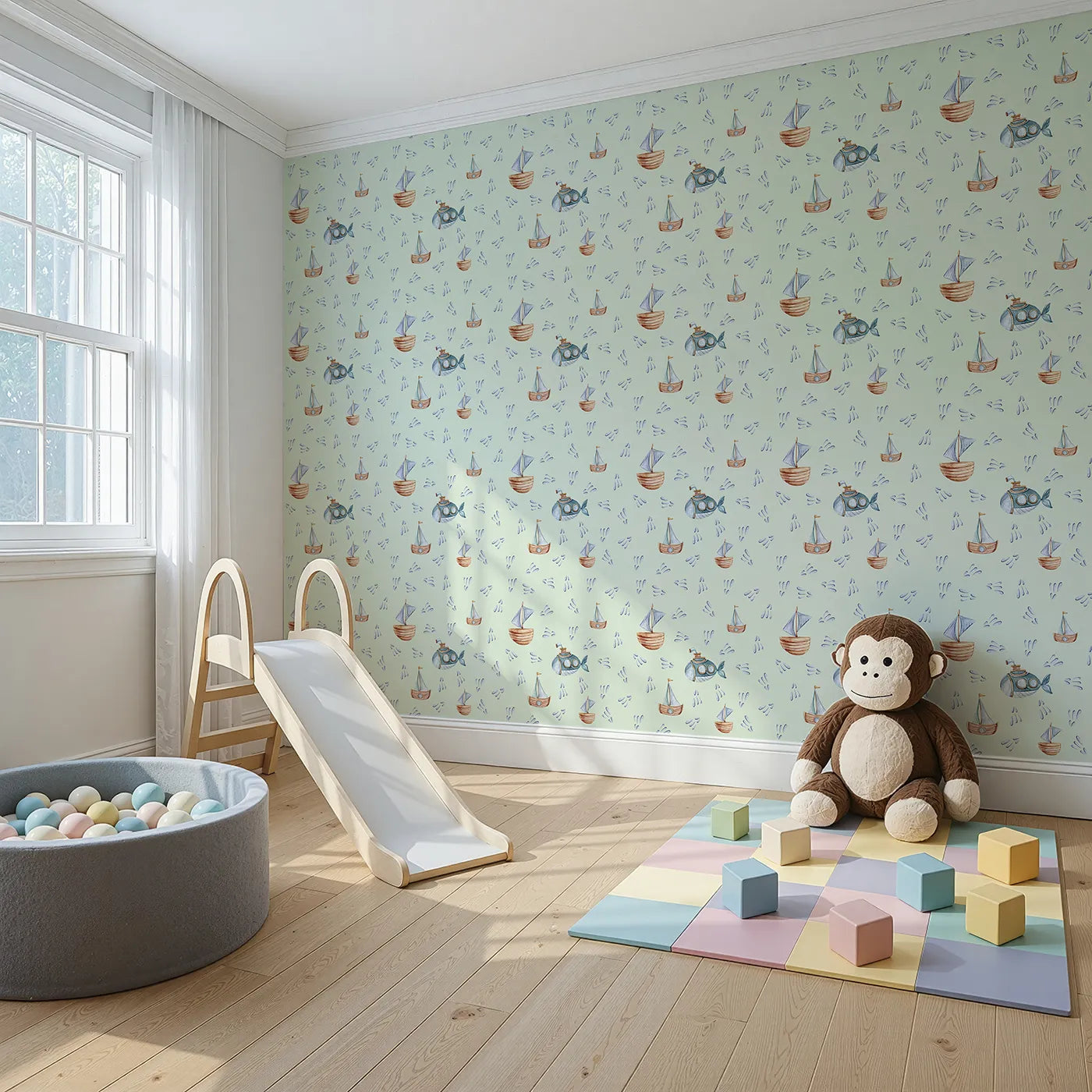 Angled view of Whimsy Tots' Seaside Vessel Parade Wallpaper in Mint Green (W3399D).Sailboats and submarines float calmly across a soft mint sea.