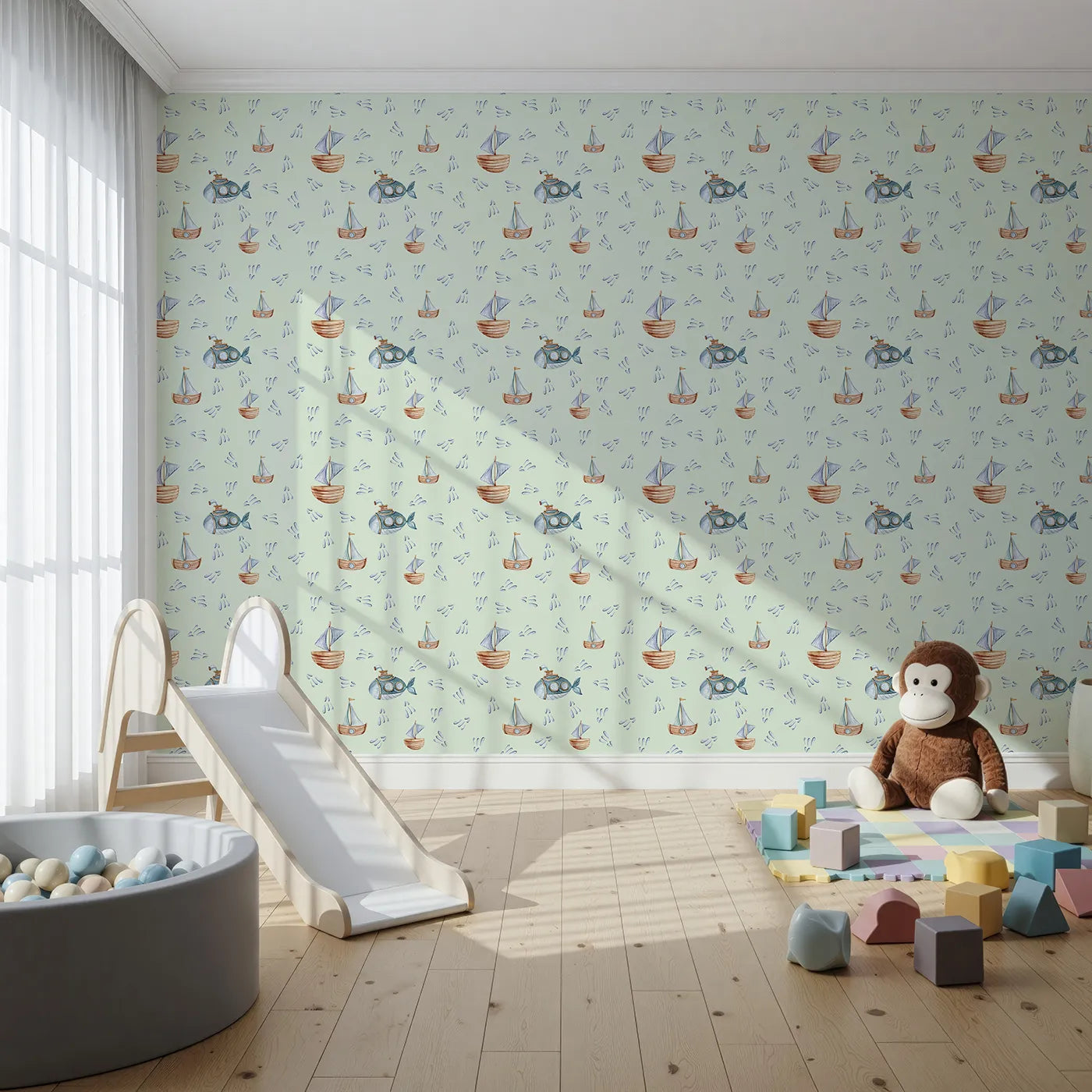 Front view of Whimsy Tots' Seaside Vessel Parade Wallpaper in Mint Green