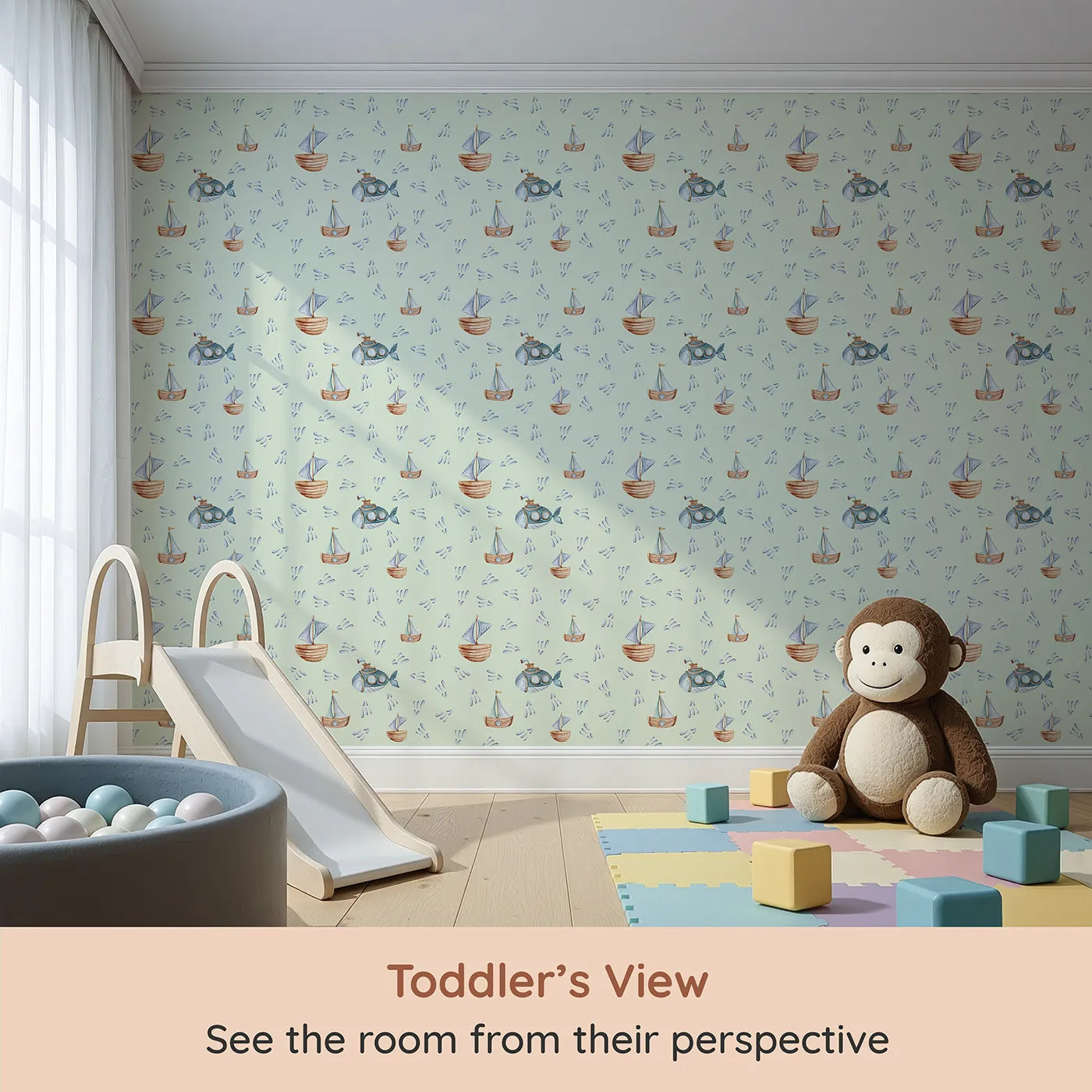 Whimsy Tots Seaside Vessel Parade Wallpaper in Mint Green (W3399D) from your child's view.Sailboats and submarines float calmly across a soft mint sea.