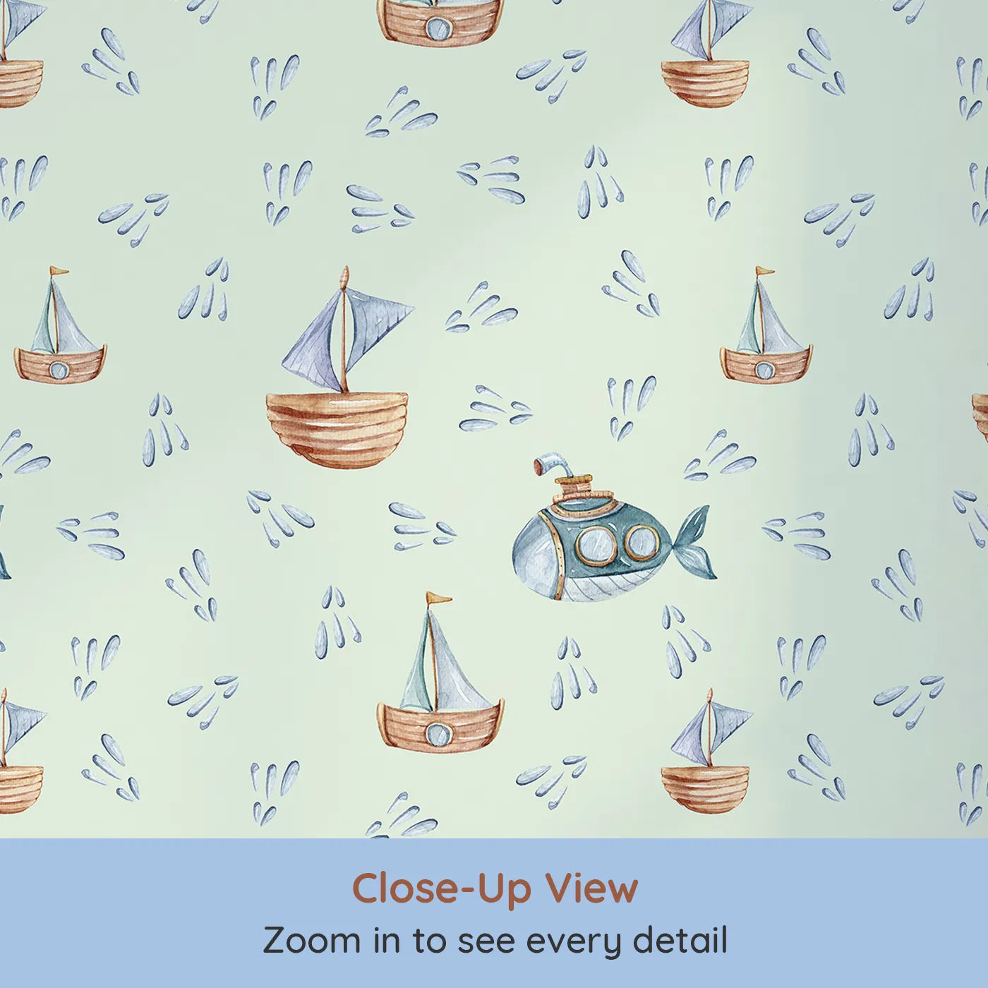 Close-up view of Whimsy Tots' Seaside Vessel Parade Wallpaper in Mint Green (W3399D).Sailboats and submarines float calmly across a soft mint sea.