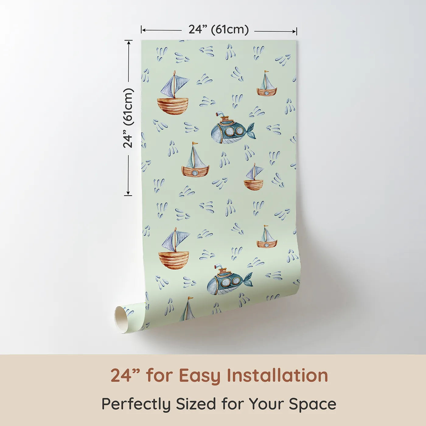 Dimension view of Whimsy Tots Seaside Vessel Parade Wallpaper in Mint Green (W3399D). Printed in 24-inch-wide panel for easy installation. Sailboats and submarines float calmly across a soft mint sea.