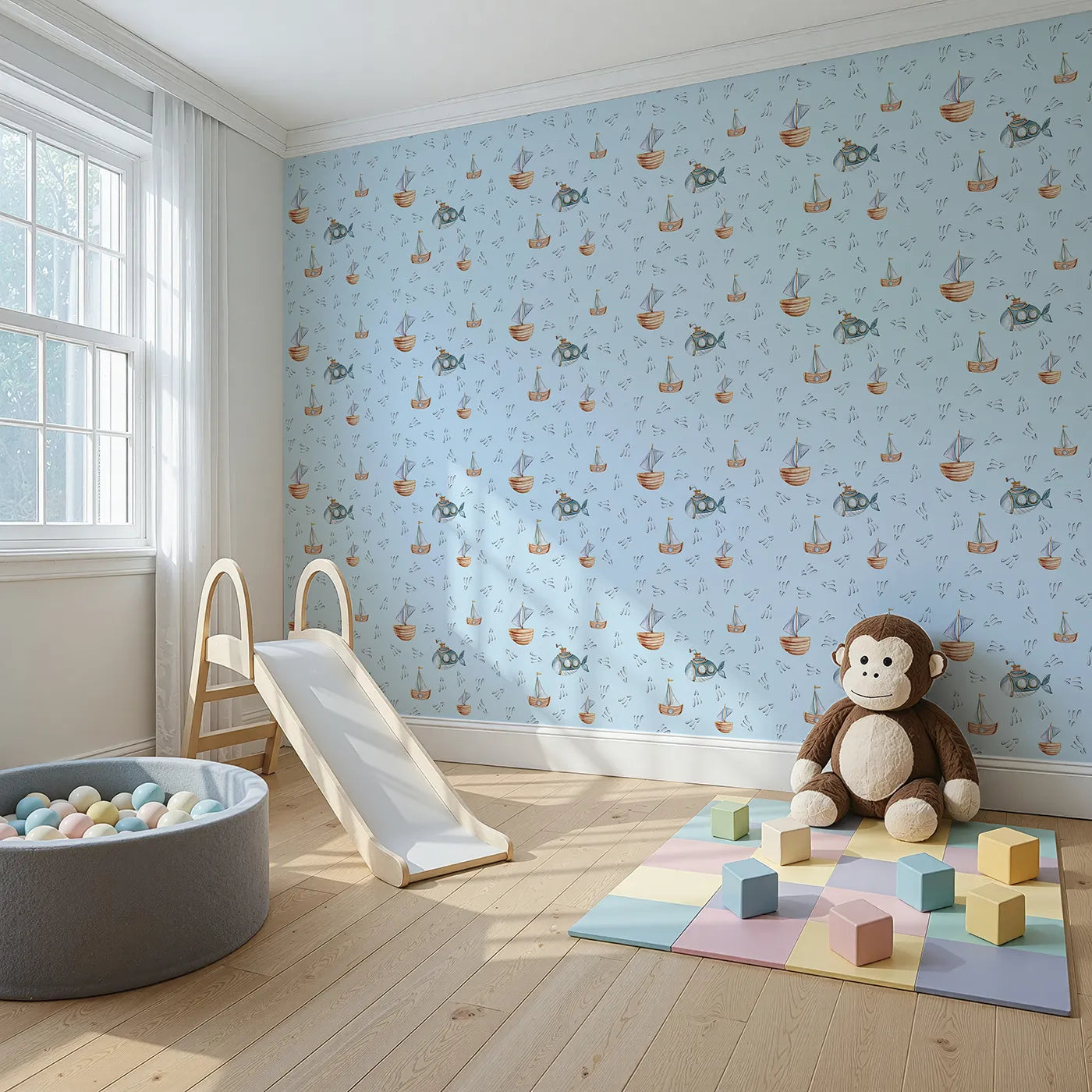 Angled view of Whimsy Tots' Seaside Vessel Parade Wallpaper in Blue (W3399E).Cheerful vessels and sea sprays float across a pale blue sea.