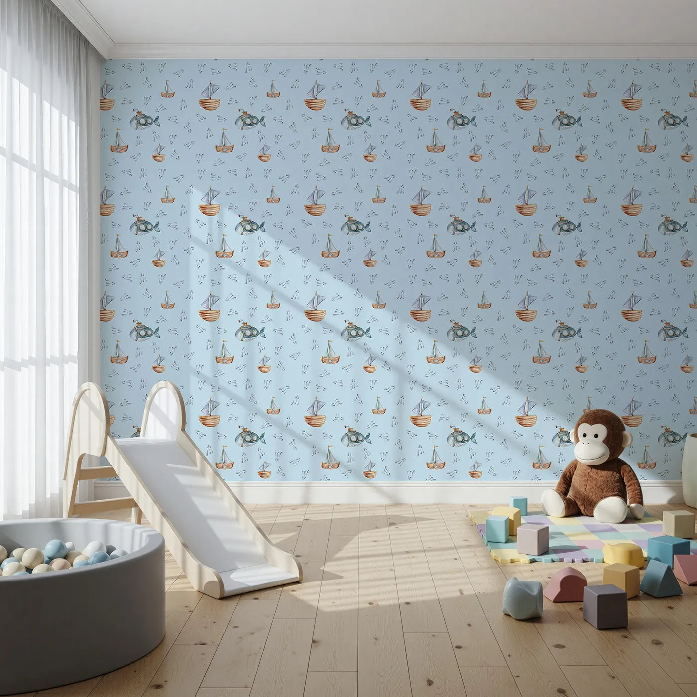 Front view of Whimsy Tots' Seaside Vessel Parade Wallpaper in Blue