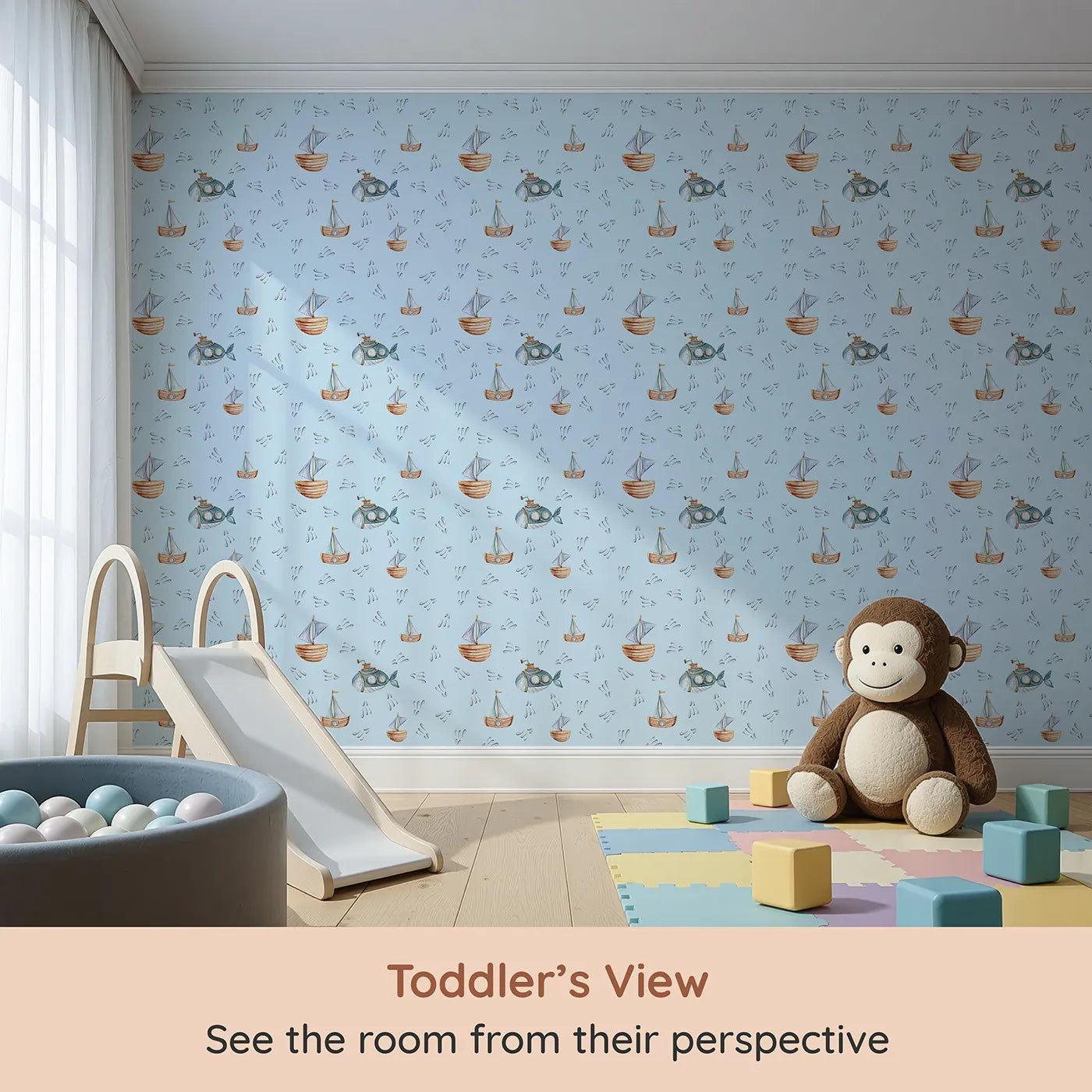 Whimsy Tots Seaside Vessel Parade Wallpaper in Blue (W3399E) from your child's view.Cheerful vessels and sea sprays float across a pale blue sea.
