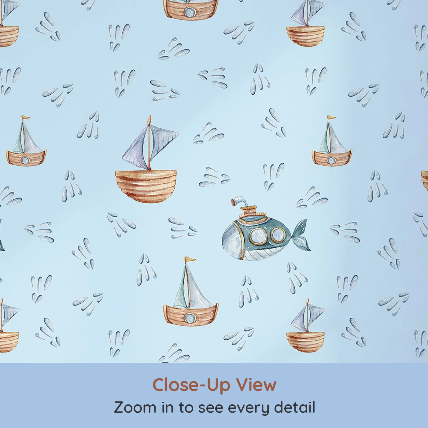 Close-up view of Whimsy Tots' Seaside Vessel Parade Wallpaper in Blue (W3399E).Cheerful vessels and sea sprays float across a pale blue sea.