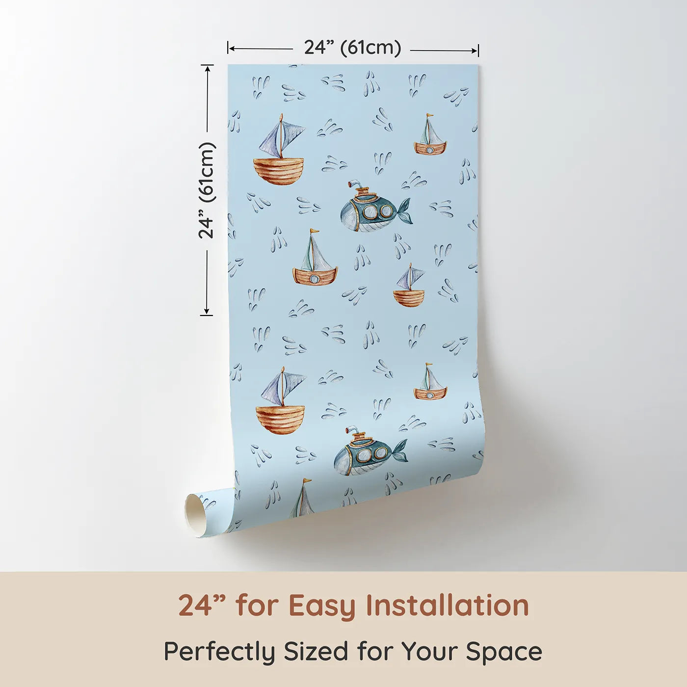 Dimension view of Whimsy Tots Seaside Vessel Parade Wallpaper in Blue (W3399E). Printed in 24-inch-wide panel for easy installation. Cheerful vessels and sea sprays float across a pale blue sea.