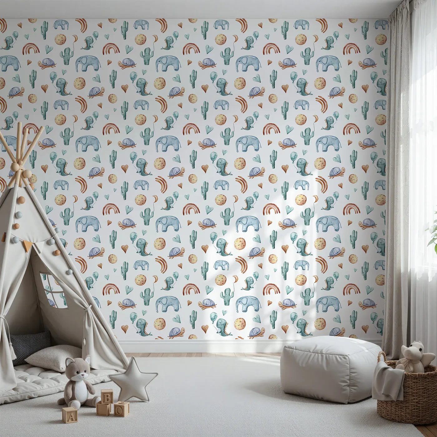Front view of Whimsy Tots' Balloon Friends Parade Wallpaper in White