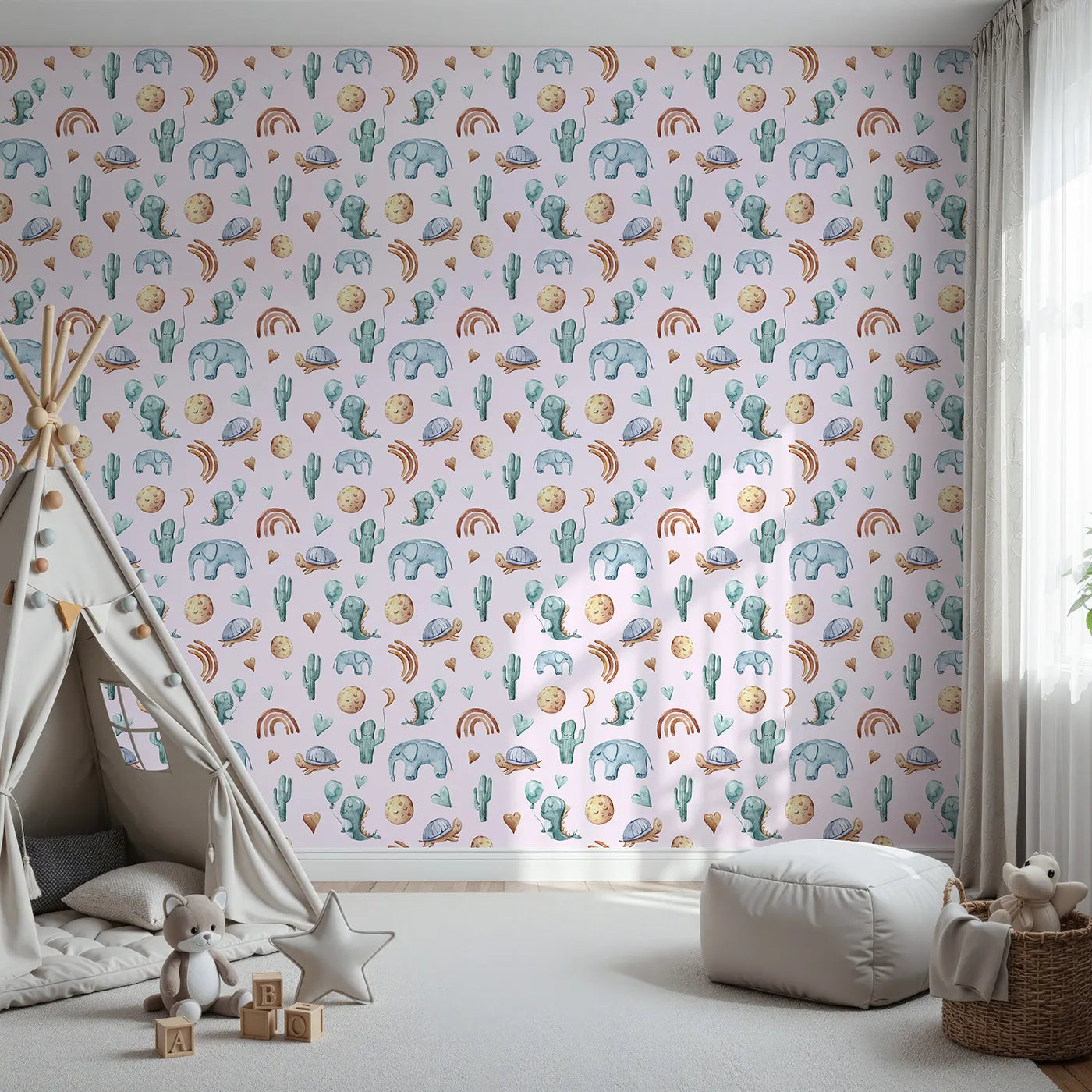 Front view of Whimsy Tots' Balloon Friends Parade Wallpaper in Pink