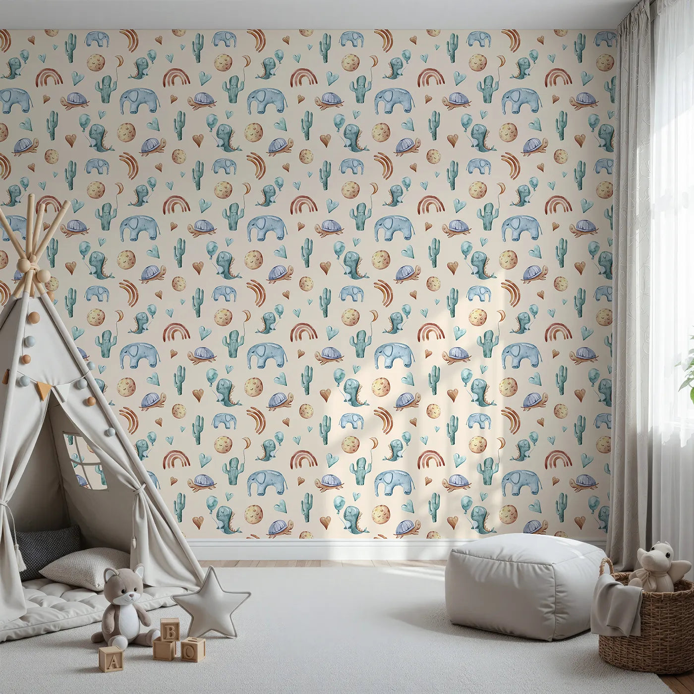Front view of Whimsy Tots' Balloon Friends Parade Wallpaper in Beige