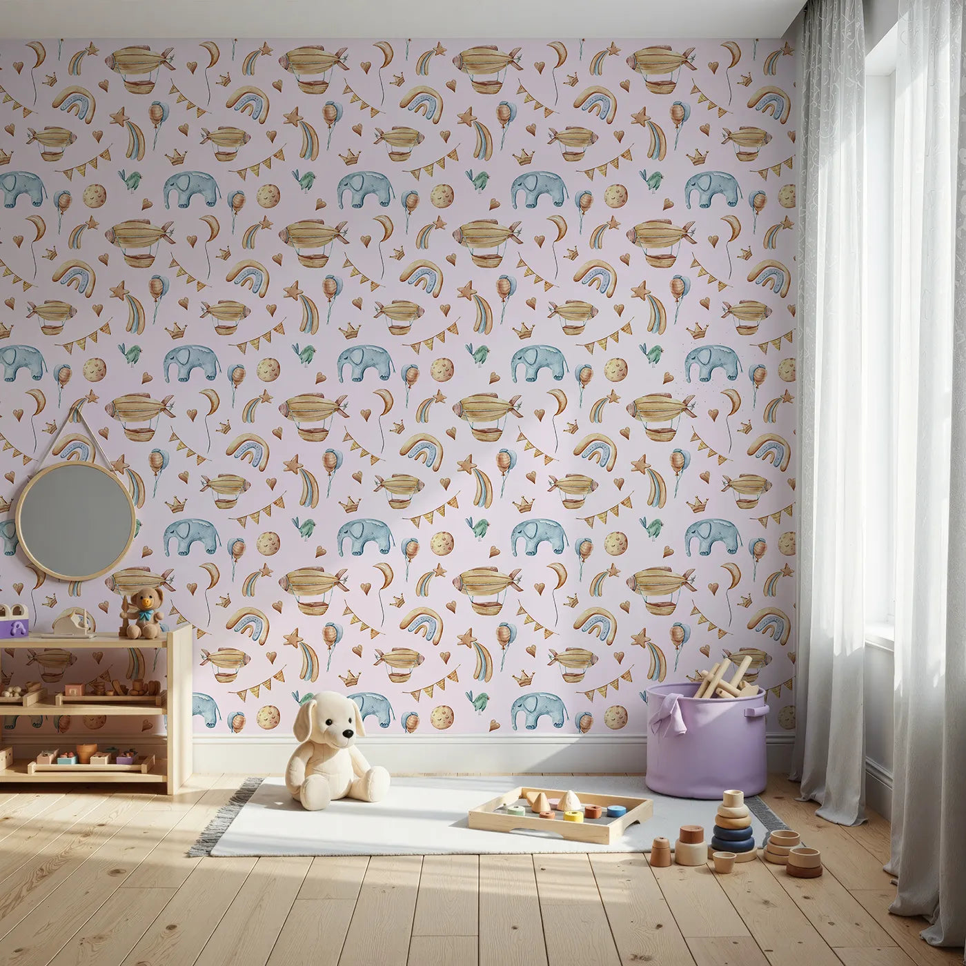 Front view of Whimsy Tots' Sky Dreams Celebration Wallpaper in Pink