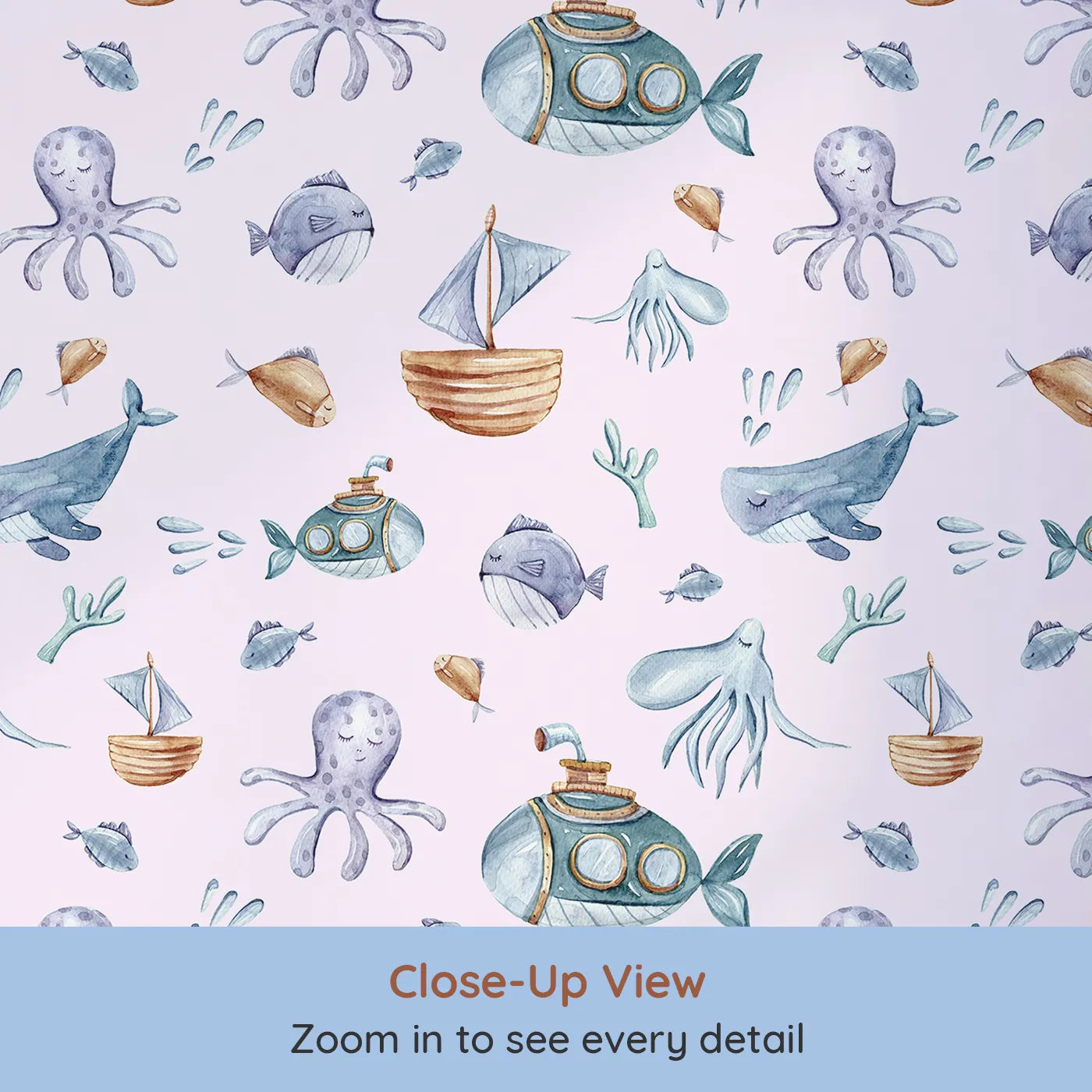 Close-up view of Whimsy Tots' Deep Sea Discovery Wallpaper in Pink (W3403B).Gentle ocean friends and curious subs float through a pastel pink sea.