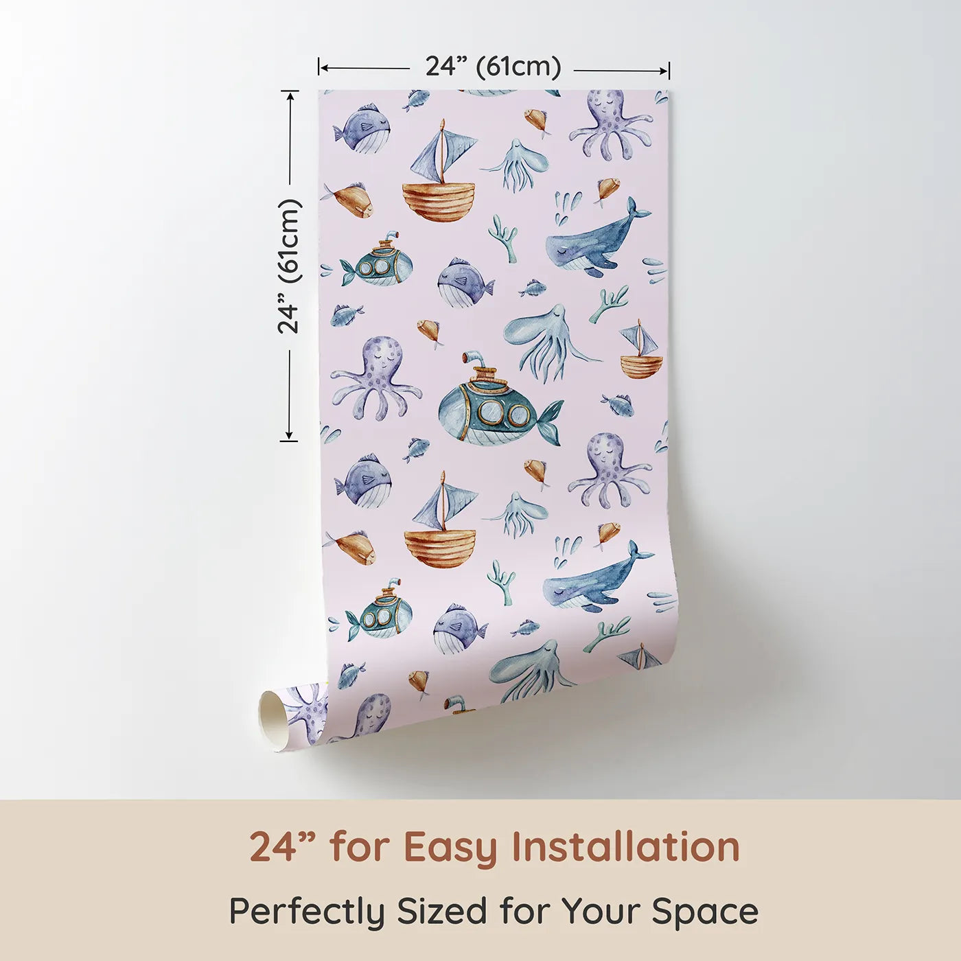 Dimension view of Whimsy Tots Deep Sea Discovery Wallpaper in Pink (W3403B). Printed in 24-inch-wide panel for easy installation. Gentle ocean friends and curious subs float through a pastel pink sea.