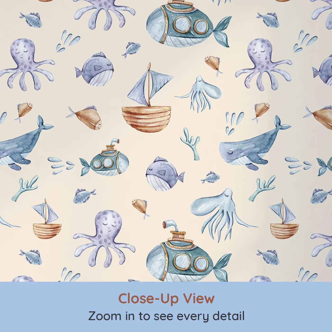 Close-up view of Whimsy Tots' Deep Sea Discovery Wallpaper in Beige (W3403C).Watercolor whales, submarines, and jellyfish float through a warm ocean scene.
