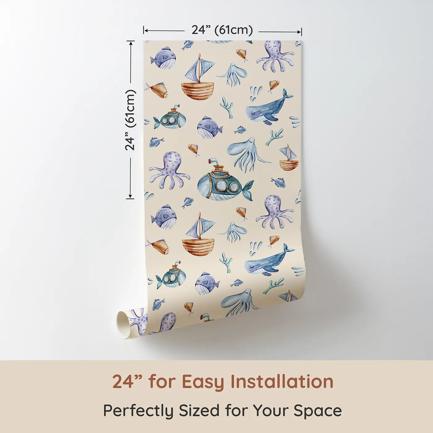 Dimension view of Whimsy Tots Deep Sea Discovery Wallpaper in Beige (W3403C). Printed in 24-inch-wide panel for easy installation. Watercolor whales, submarines, and jellyfish float through a warm ocean scene.
