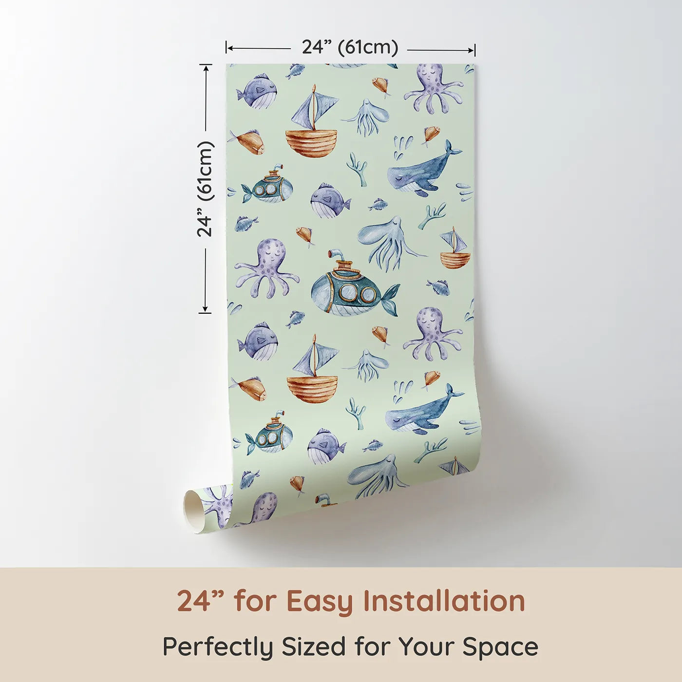 Dimension view of Whimsy Tots Deep Sea Discovery Wallpaper in Mint Green (W3403D). Printed in 24-inch-wide panel for easy installation. Watercolor whales and submarines drift across a gentle mint sea.
