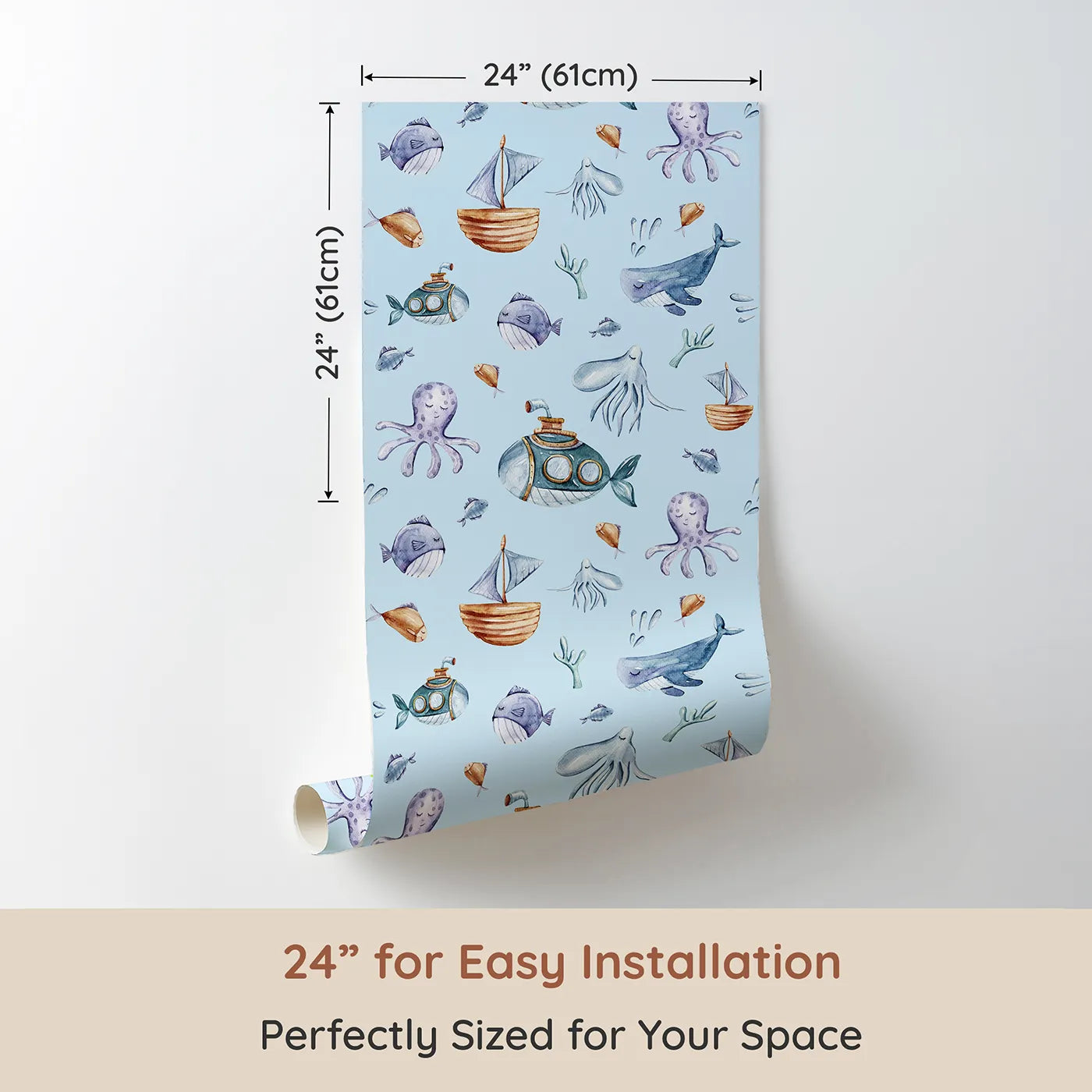 Dimension view of Whimsy Tots Deep Sea Discovery Wallpaper in Blue (W3403E). Printed in 24-inch-wide panel for easy installation. Playful whales and curious subs explore a peaceful ocean-blue sky.