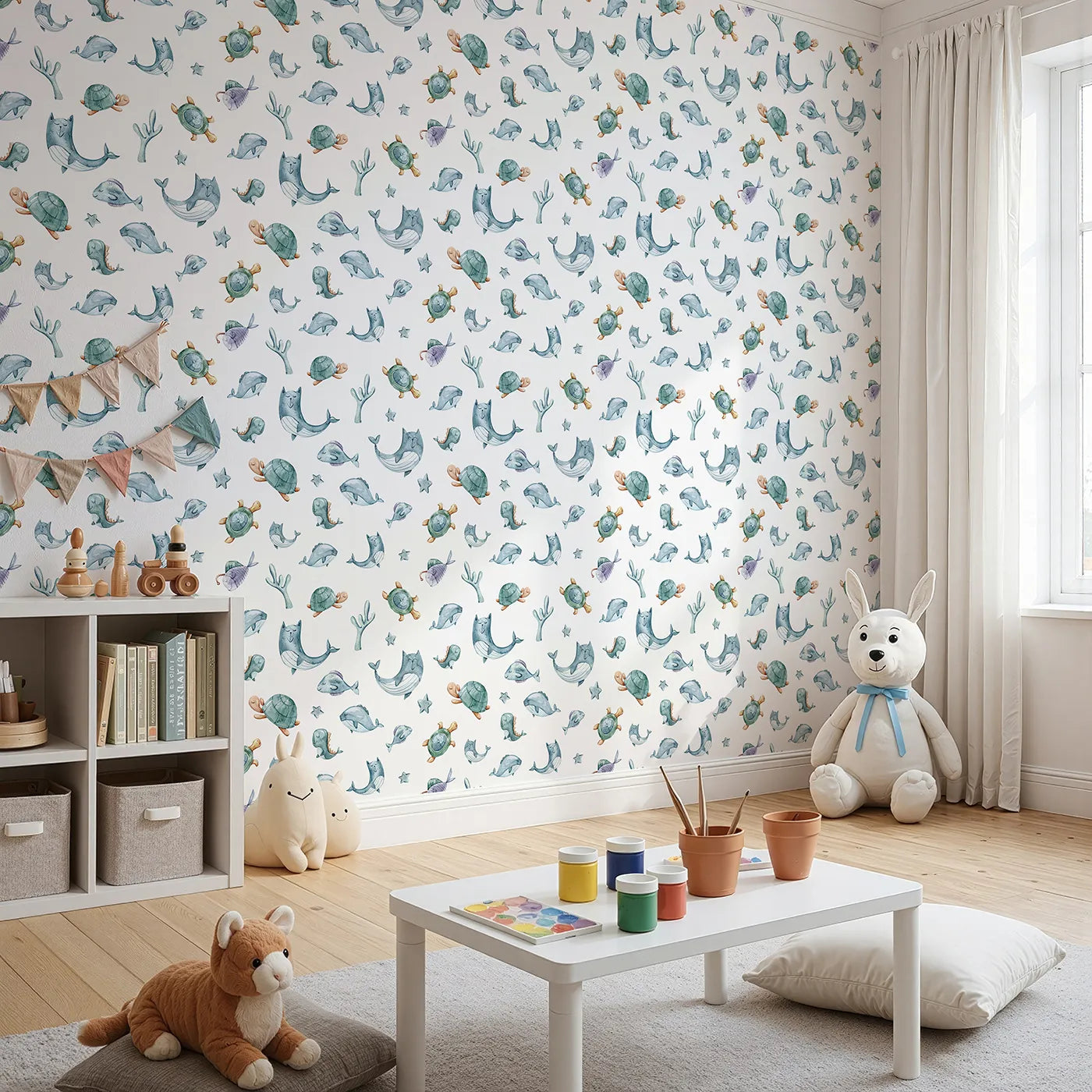 Angled view of Whimsy Tots' Dreamy Sea Pals Wallpaper in White (W3404A).Sleepy whales and turtles drift through peaceful seas.