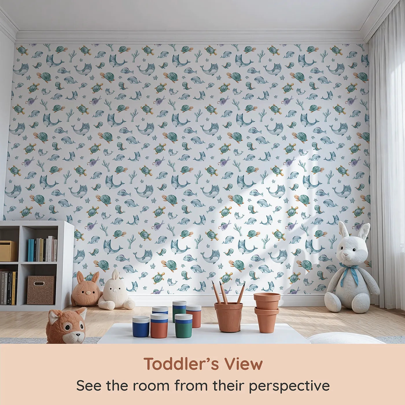 Whimsy Tots Dreamy Sea Pals Wallpaper in White (W3404A) from your child's view.Sleepy whales and turtles drift through peaceful seas.