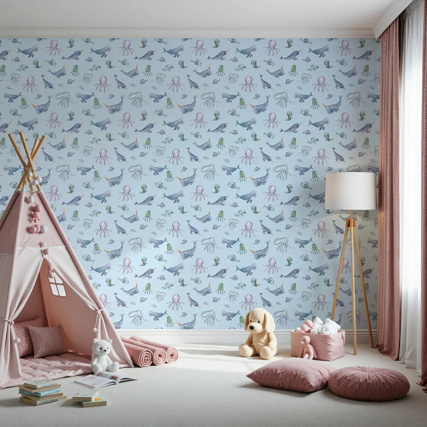Front view of Whimsy Tots' Whale Song Friends Wallpaper in Blue