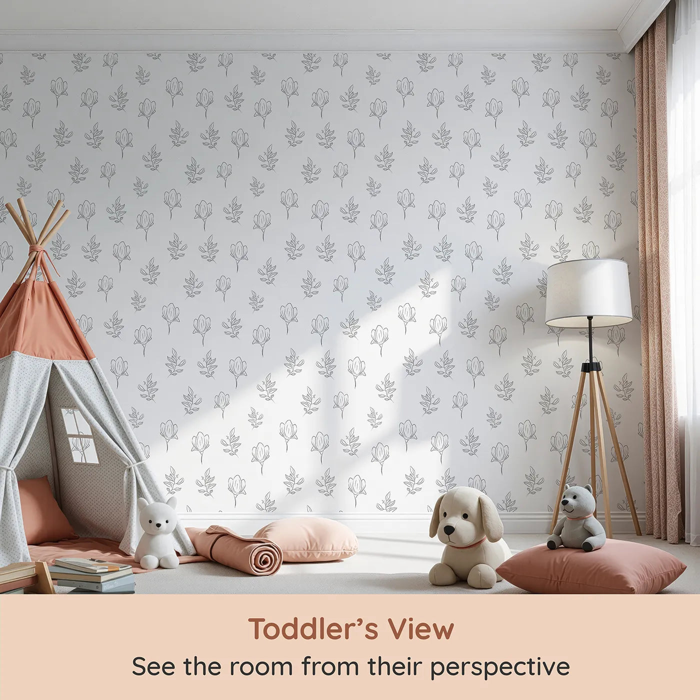 Whimsy Tots Petal Outline Grace Wallpaper in White (W3406A) from your child's view.Graceful flower sketches bloom across a crisp white sky.