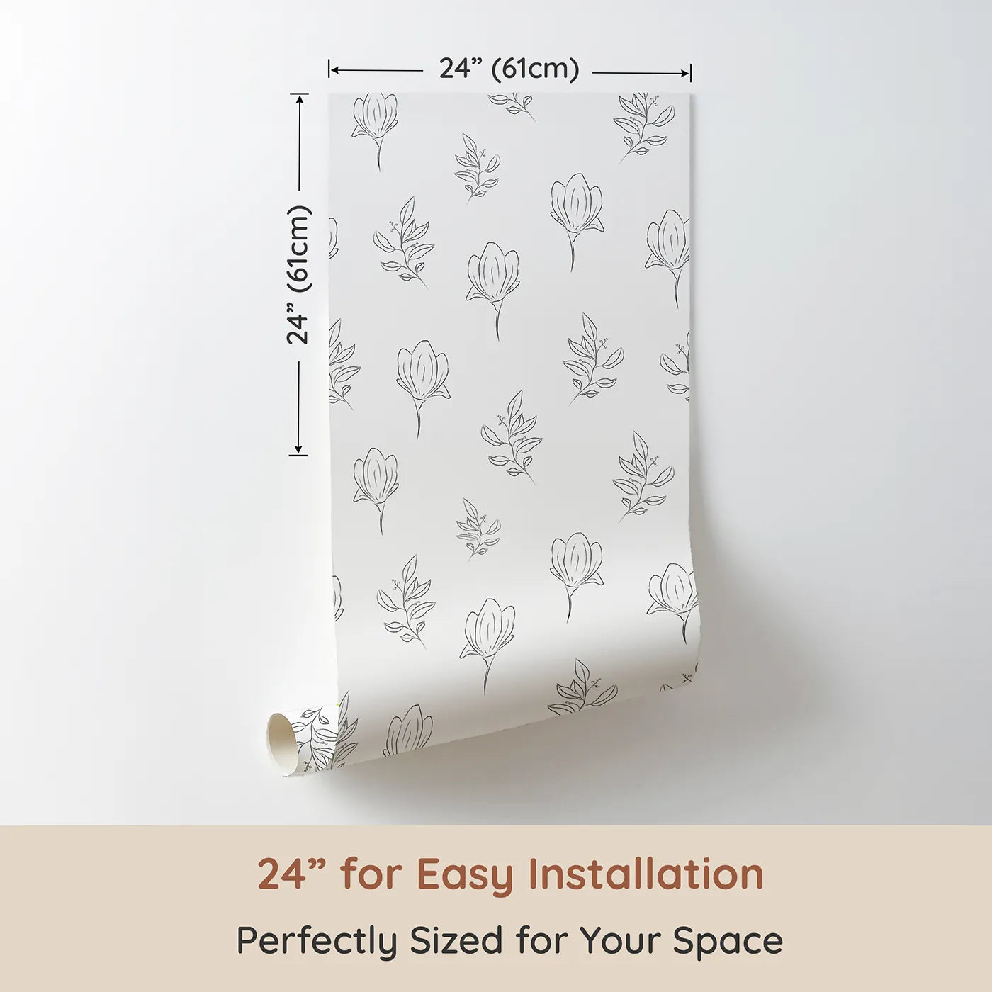 Dimension view of Whimsy Tots Petal Outline Grace Wallpaper in White (W3406A). Printed in 24-inch-wide panel for easy installation. Graceful flower sketches bloom across a crisp white sky.