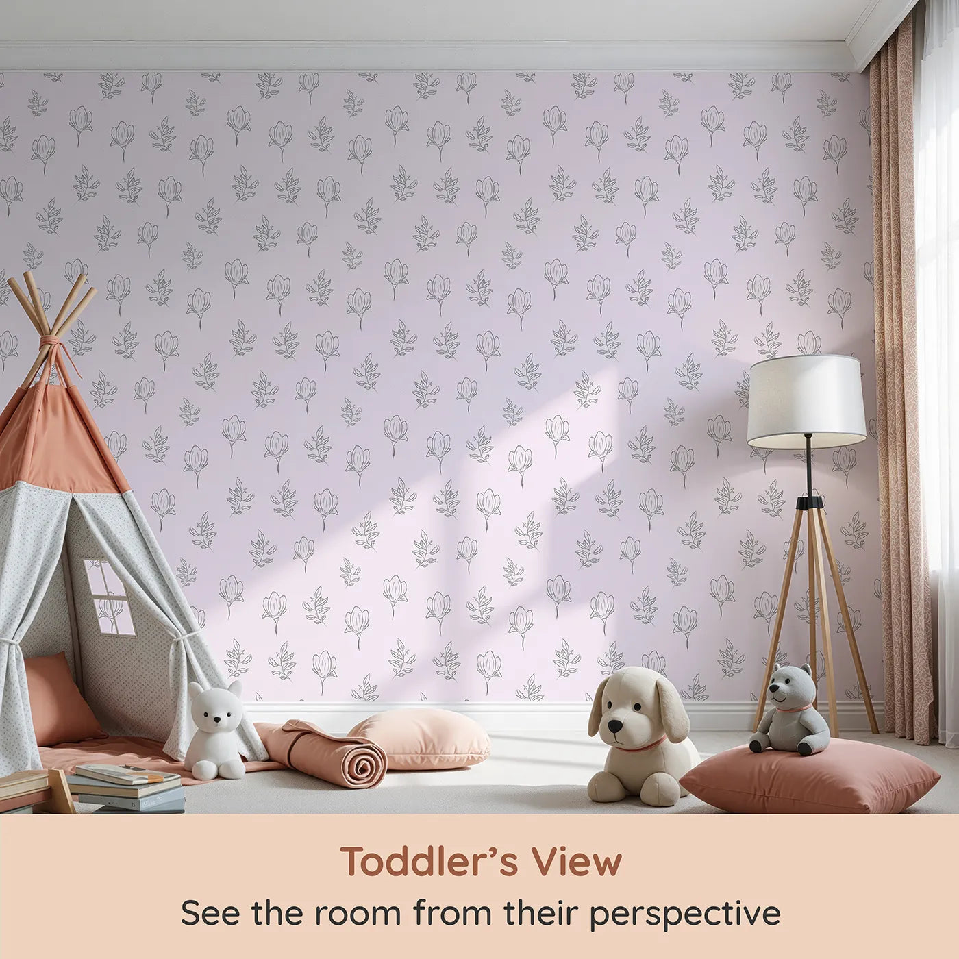 Whimsy Tots Petal Outline Grace Wallpaper in Blush Pink (W3406B) from your child's view.Elegant linework florals bloom gently across a soft pink sky.
