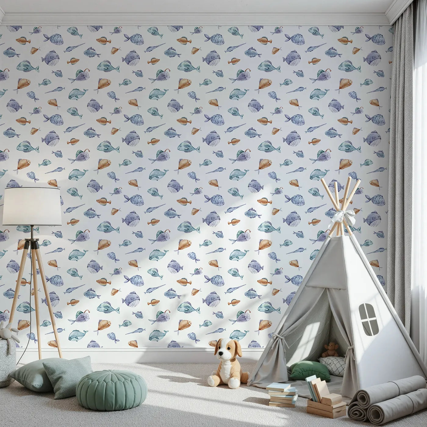 Front view of Whimsy Tots' Sleepy Fish Friends Wallpaper in White