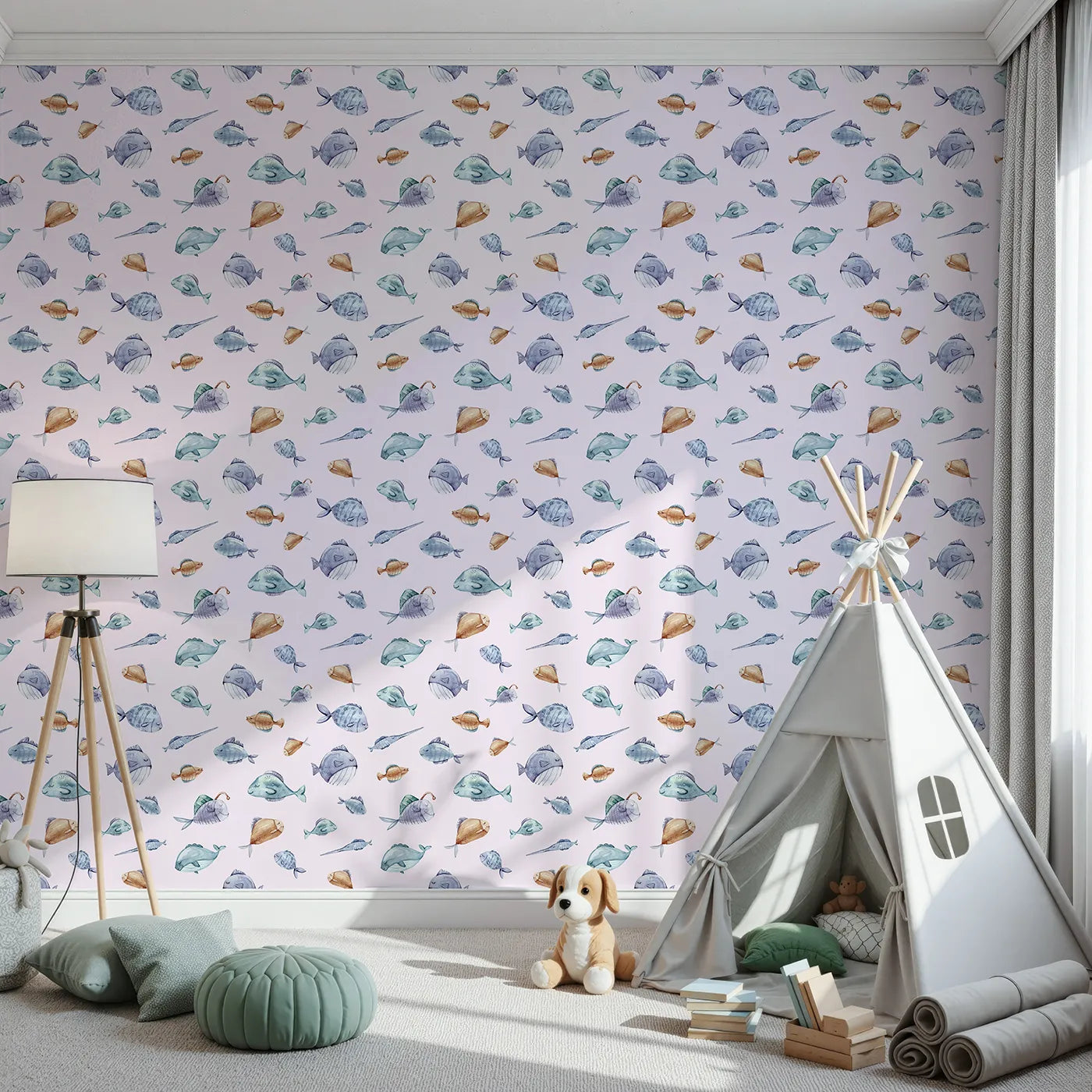 Front view of Whimsy Tots' Sleepy Fish Friends Wallpaper in Blush Pink