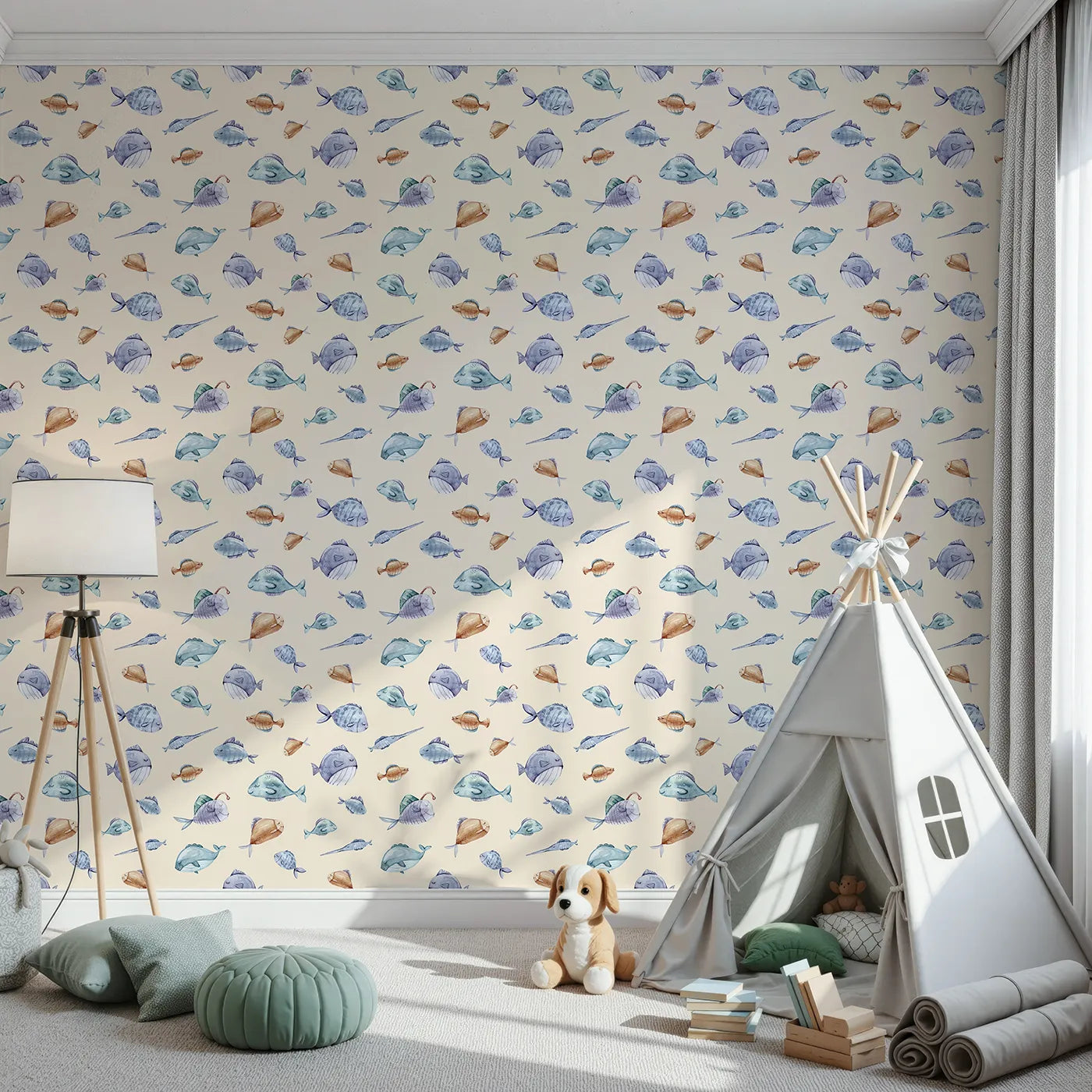 Front view of Whimsy Tots' Sleepy Fish Friends Wallpaper in Sand