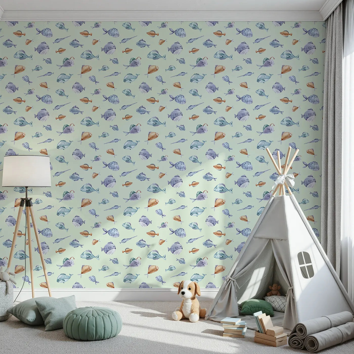 Front view of Whimsy Tots' Sleepy Fish Friends Wallpaper in Mint Green