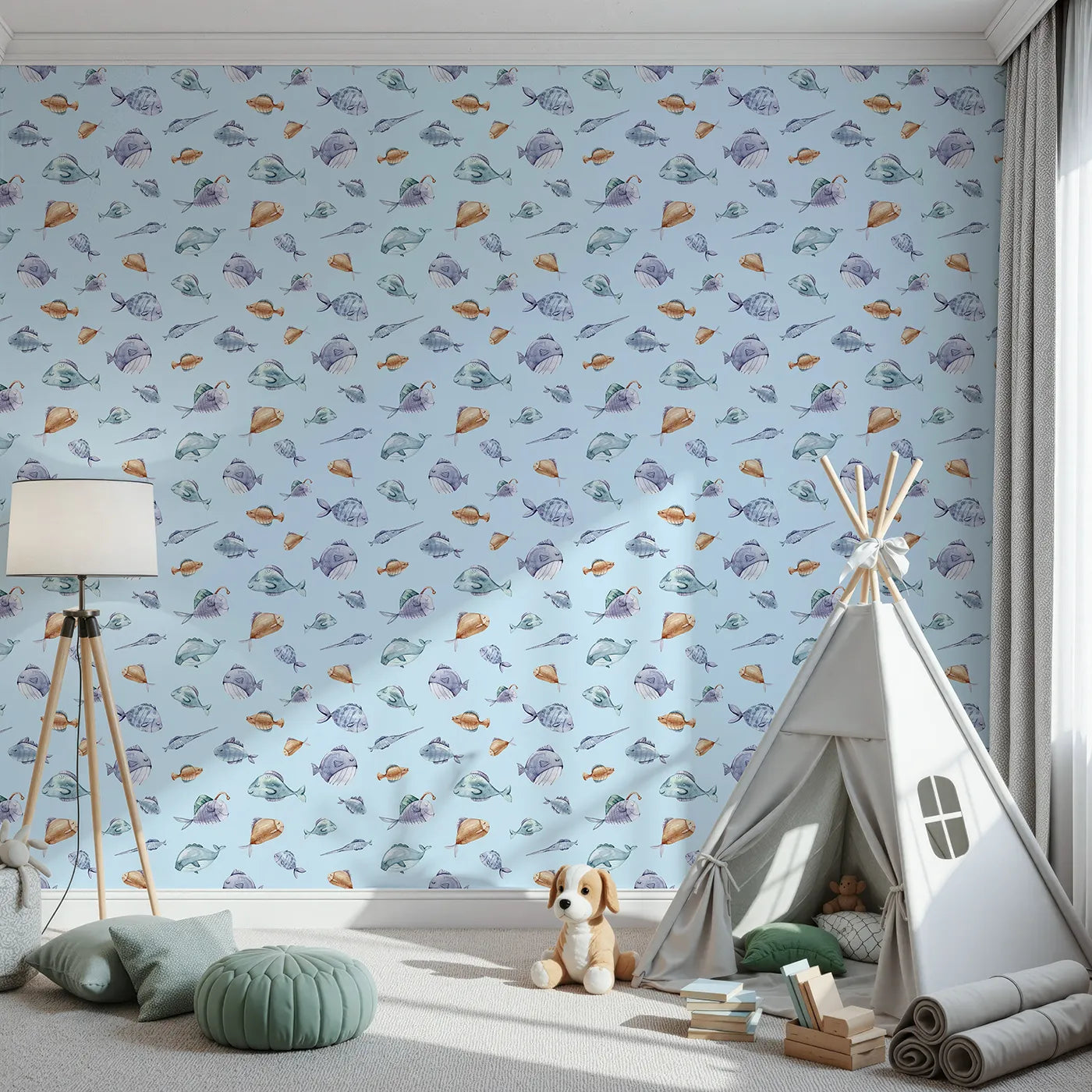 Front view of Whimsy Tots' Sleepy Fish Friends Wallpaper in Blue