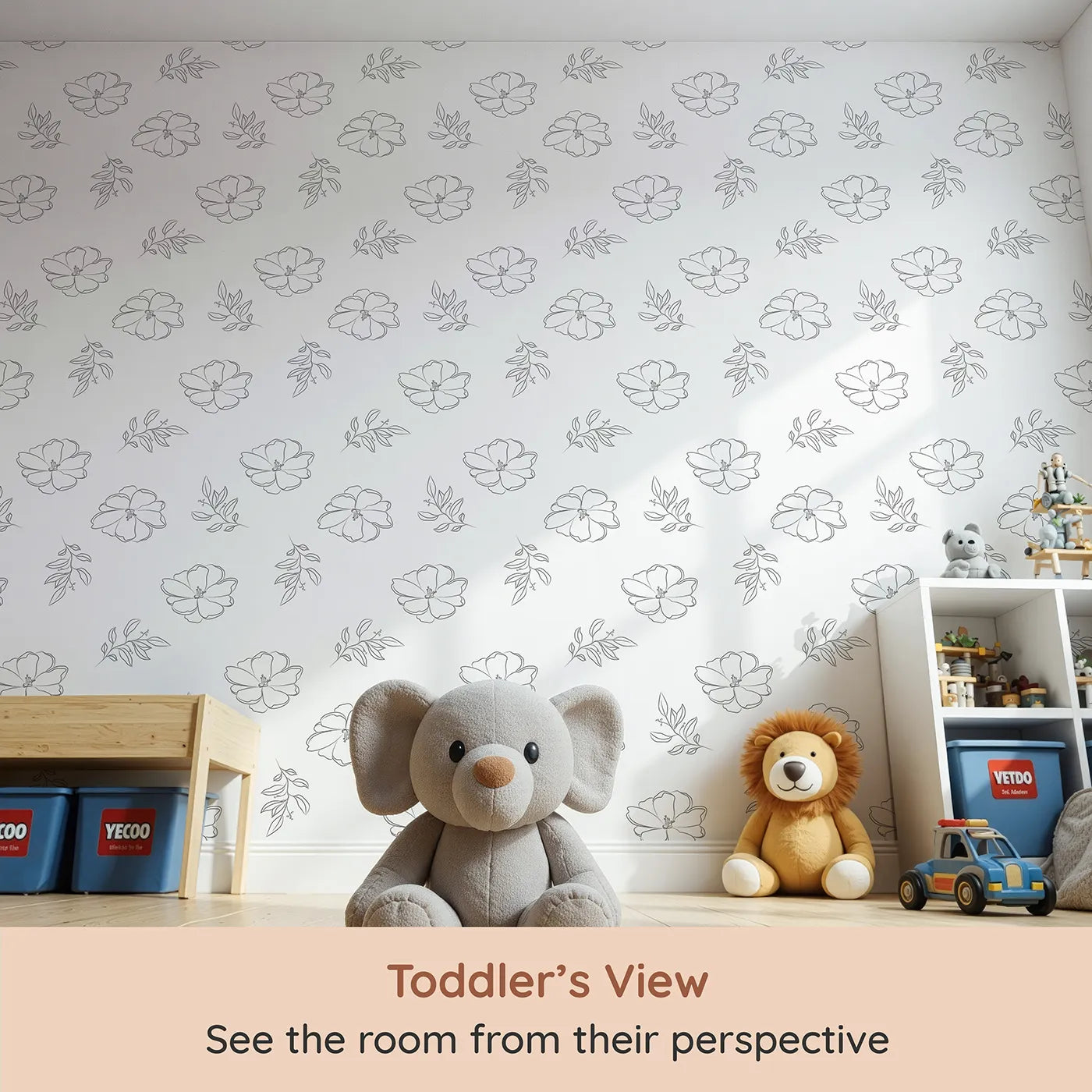 Whimsy Tots Petal Bloom Grace Wallpaper in White (W3408A) from your child's view.Graceful bloom sketches unfold across a bright white sky.