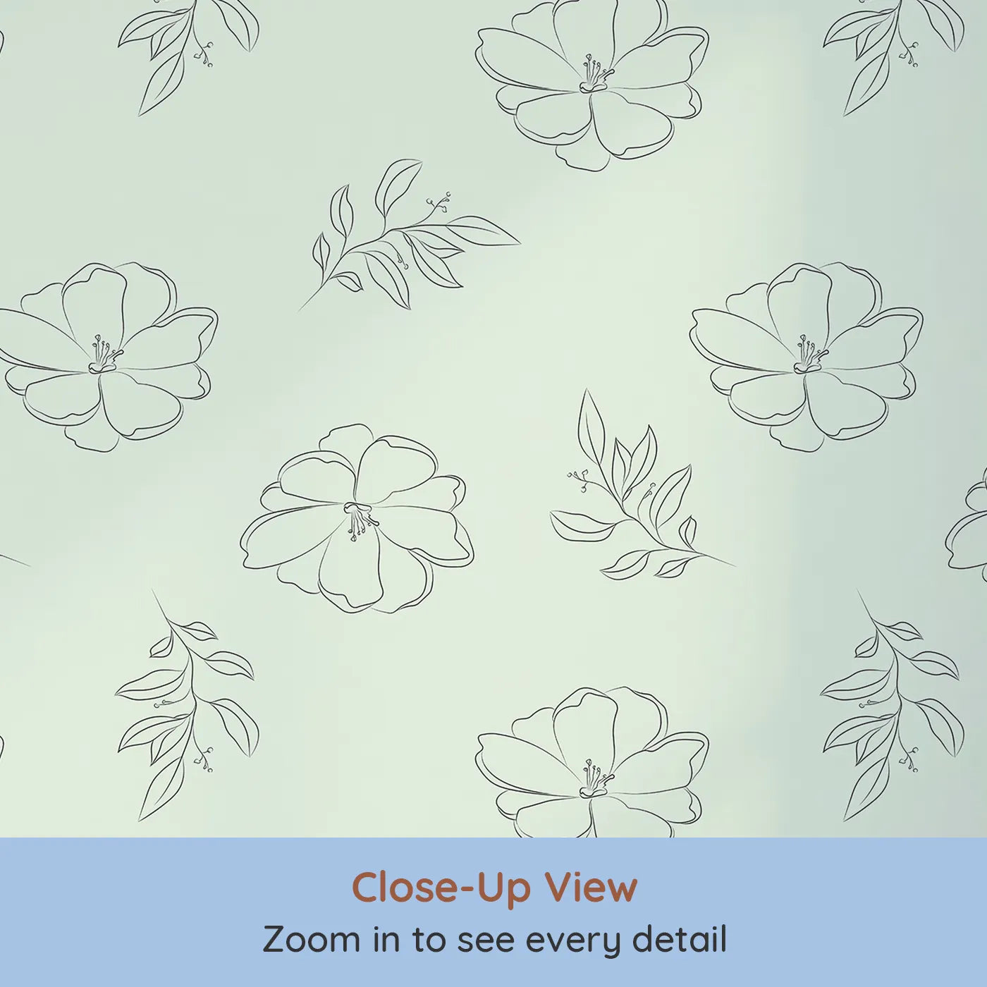 Close-up view of Whimsy Tots' Petal Bloom Grace Wallpaper in Mint Green (W3408D).Large floral sketches bloom calmly on a soft minty sky.