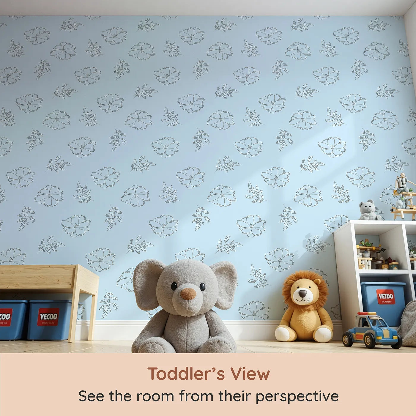 Whimsy Tots Petal Bloom Grace Wallpaper in Blue (W3408E) from your child's view.Elegant florals bloom gently across a powder blue sky.