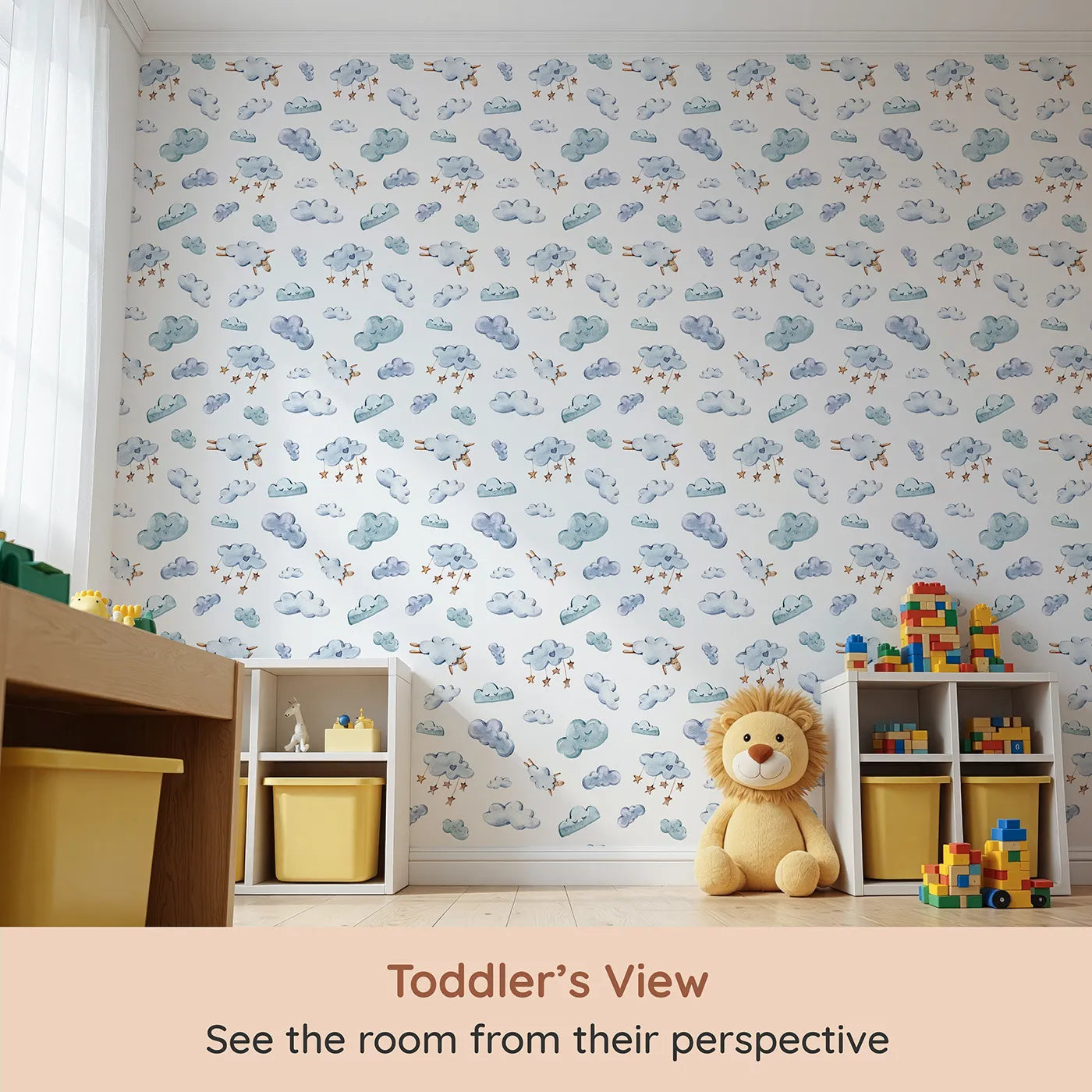 Whimsy Tots Cloudy Dreams Parade Wallpaper in White (W3409A) from your child's view.Soft clouds and dreamy sheep drift gently across a calm white sky.