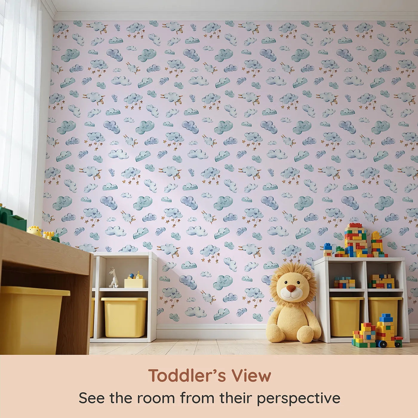 Whimsy Tots Cloudy Dreams Parade Wallpaper in Blush Pink (W3409B) from your child's view.Soft clouds, floating stars, and gentle sheep drift across a blush pink sky.