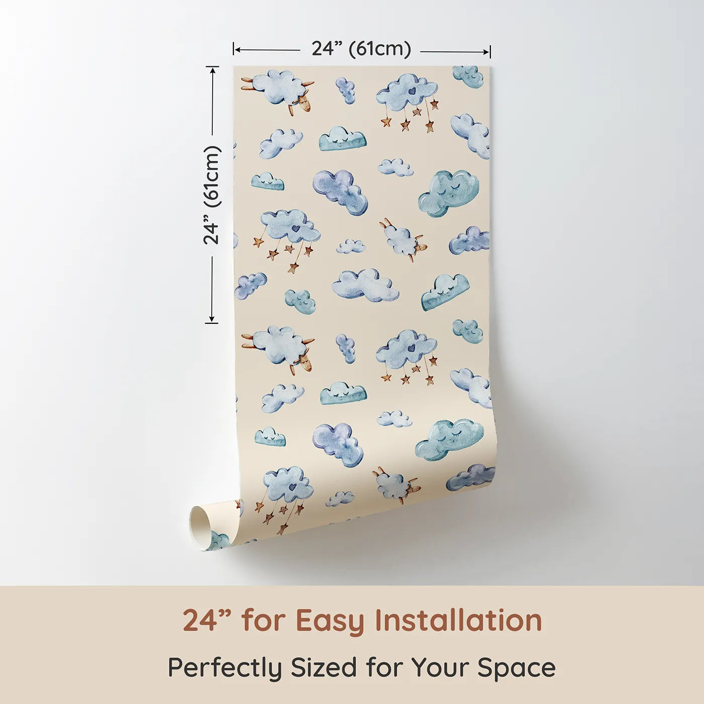 Dimension view of Whimsy Tots Cloudy Dreams Parade Wallpaper in Sand (W3409C). Printed in 24-inch-wide panel for easy installation. Soft watercolor clouds and sleepy sheep drift gently across a sandy sky.