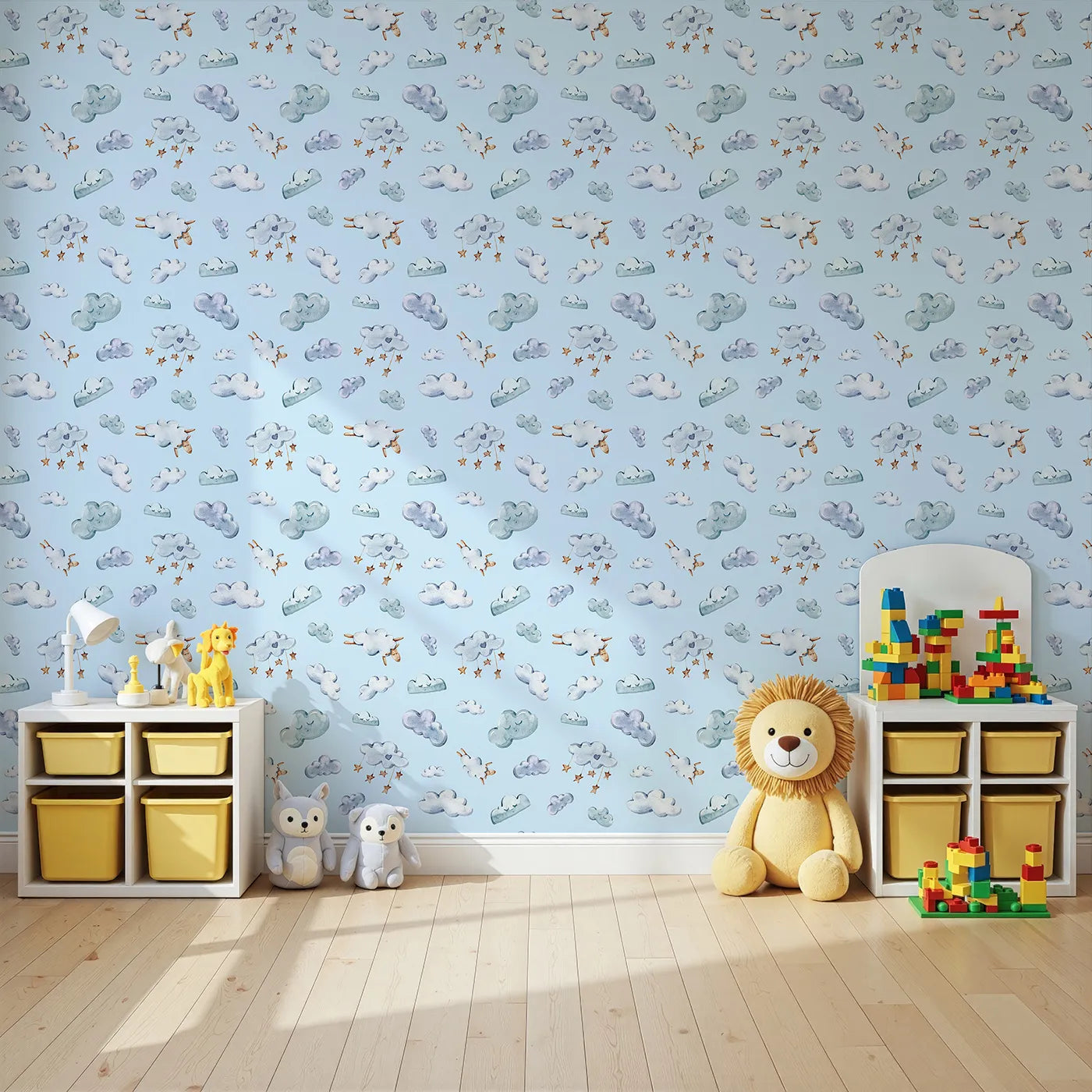 Angled view of Whimsy Tots' Cloudy Dreams Parade Wallpaper in Blue (W3409E).Fluffy clouds and soft sheep float through a light blue dreamscape.