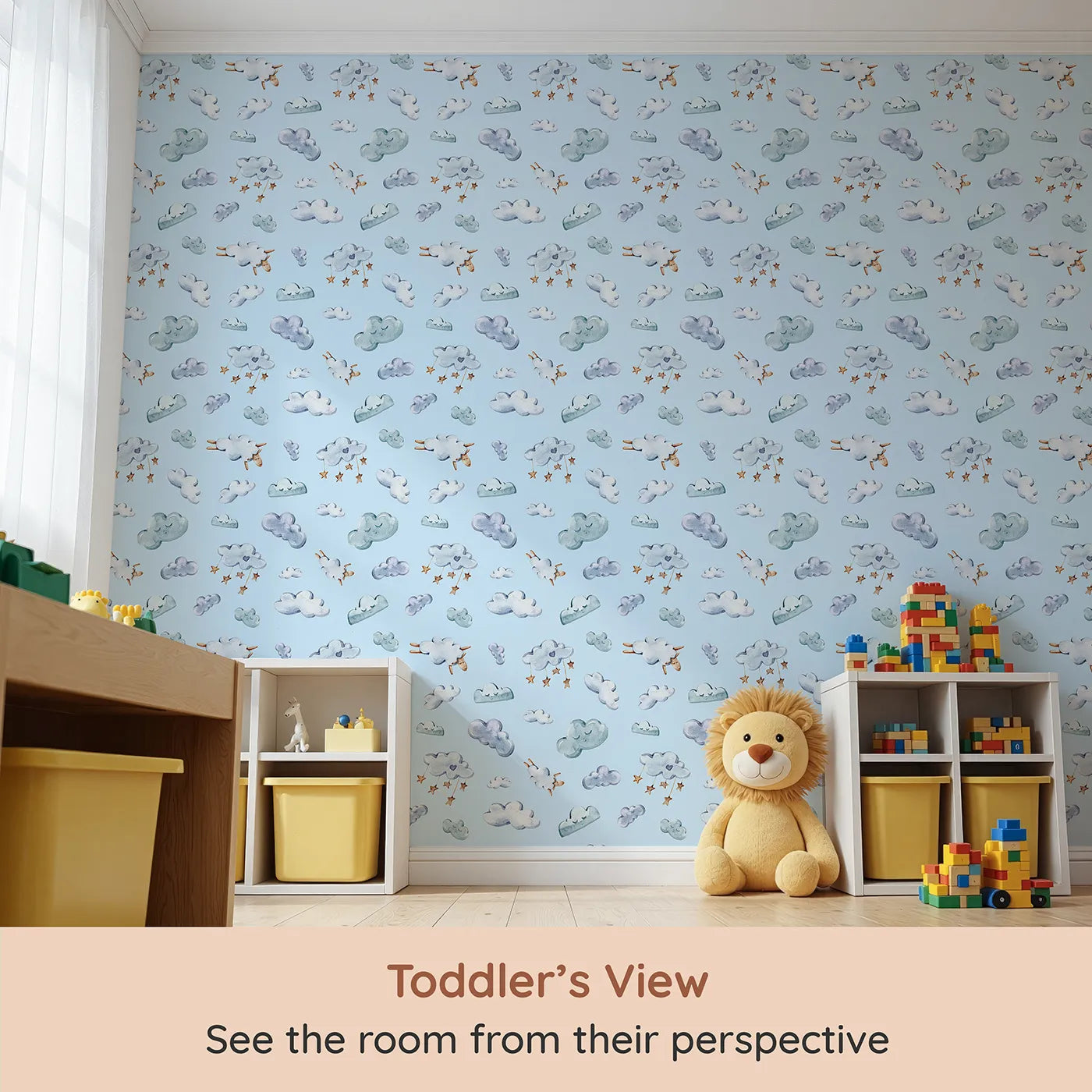 Whimsy Tots Cloudy Dreams Parade Wallpaper in Blue (W3409E) from your child's view.Fluffy clouds and soft sheep float through a light blue dreamscape.