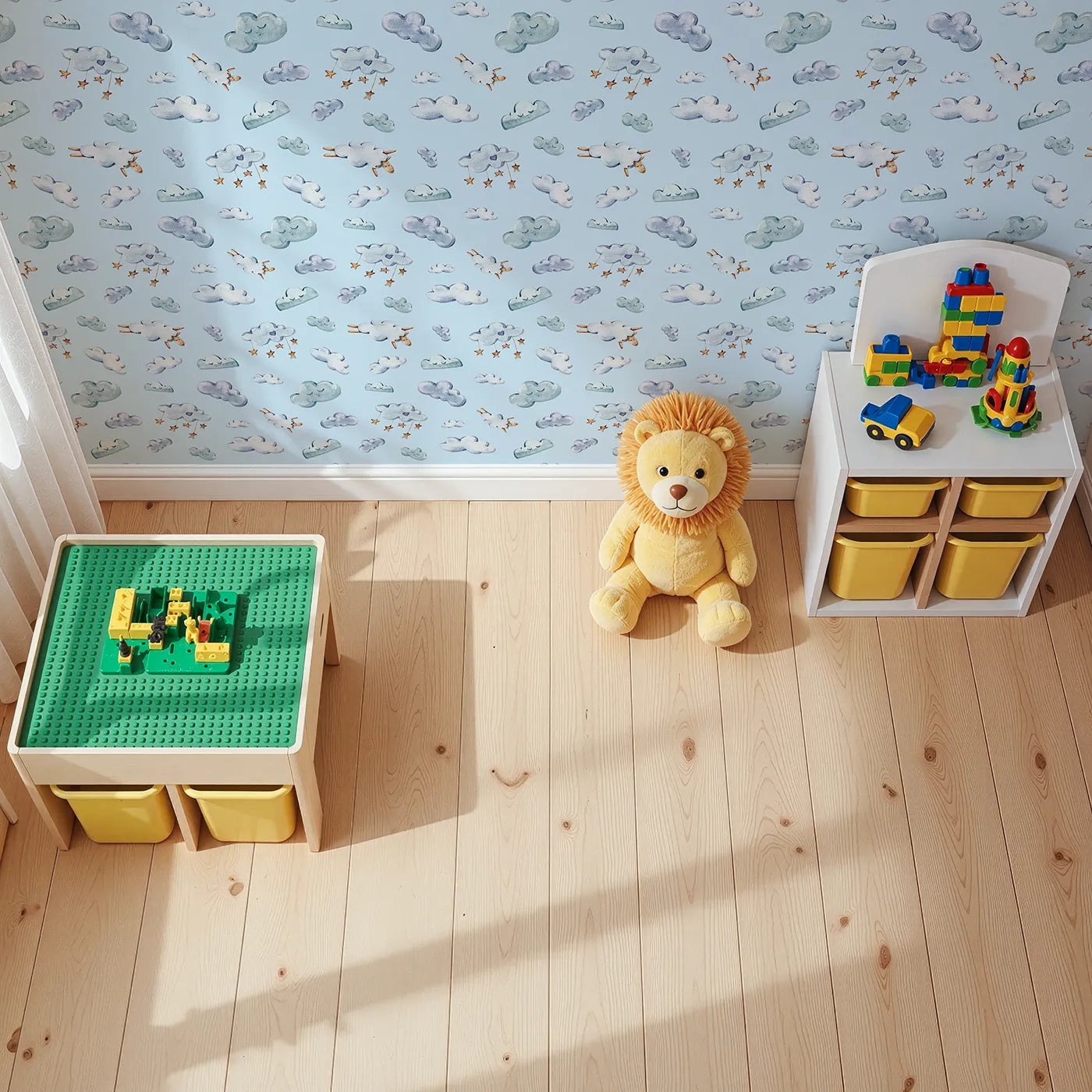Top-Down view of Whimsy Tots' Cloudy Dreams Parade Wallpaper in Blue (W3409E).Fluffy clouds and soft sheep float through a light blue dreamscape.