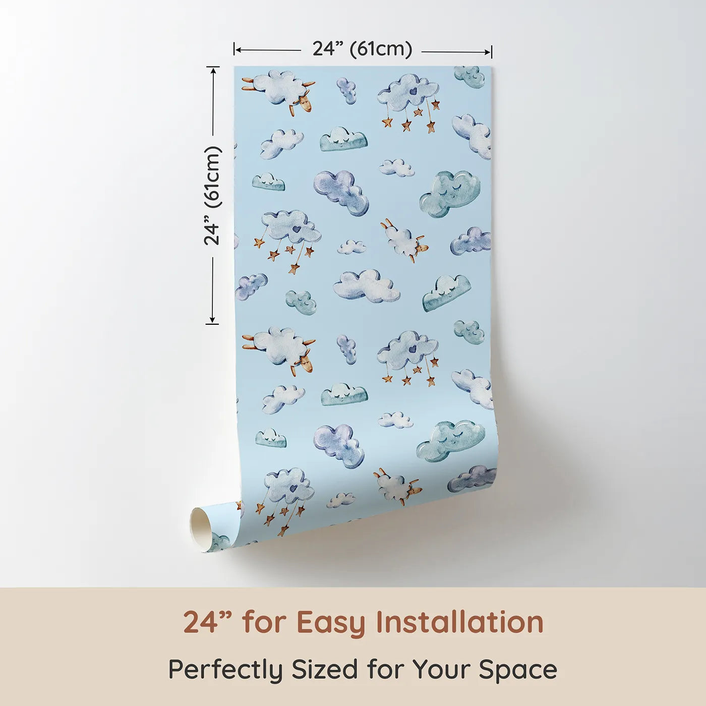 Dimension view of Whimsy Tots Cloudy Dreams Parade Wallpaper in Blue (W3409E). Printed in 24-inch-wide panel for easy installation. Fluffy clouds and soft sheep float through a light blue dreamscape.