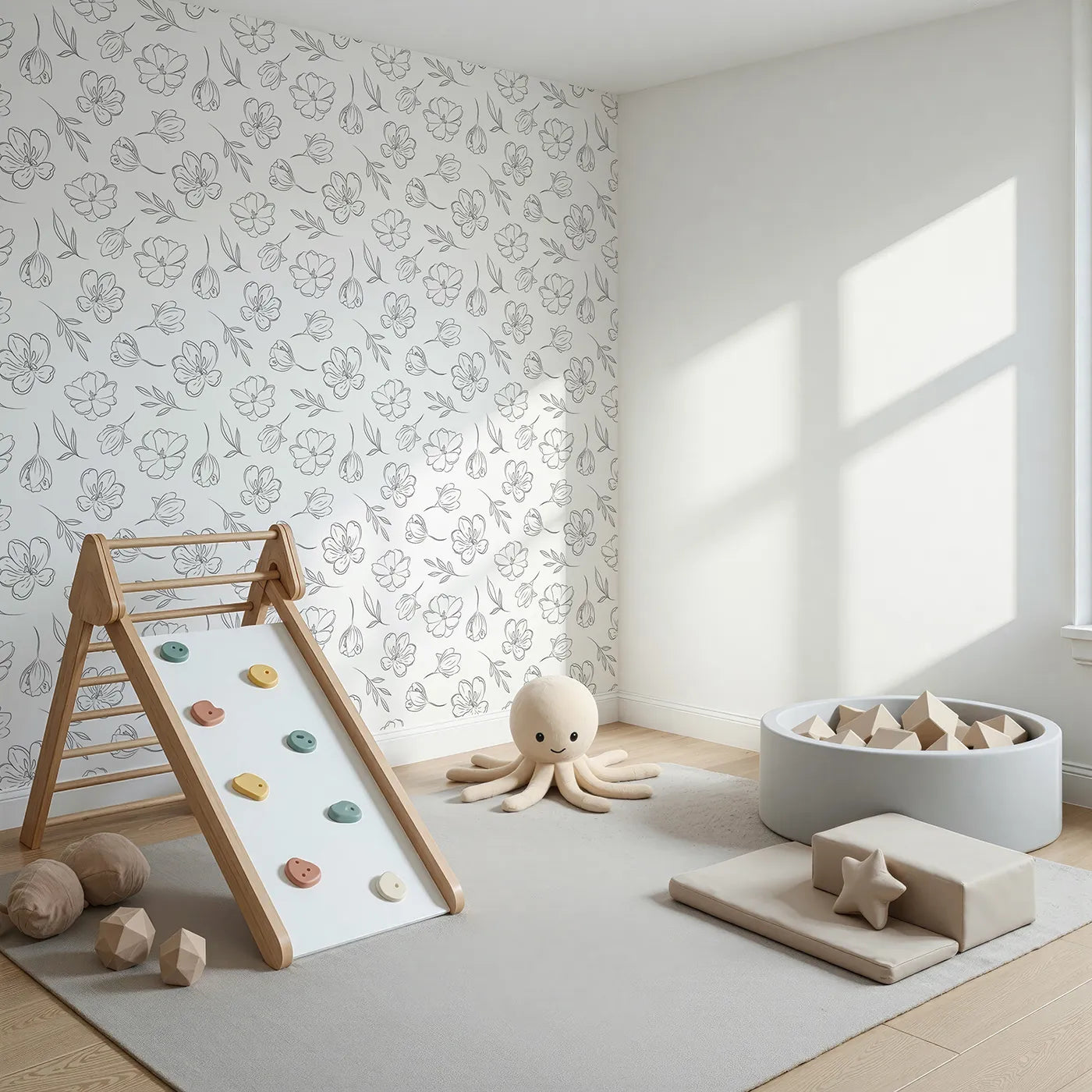 Angled view of Whimsy Tots' Petal Outline Bloom Wallpaper in White (W3410A).Elegant blossoms and leafy sprigs dance across a crisp white sky.