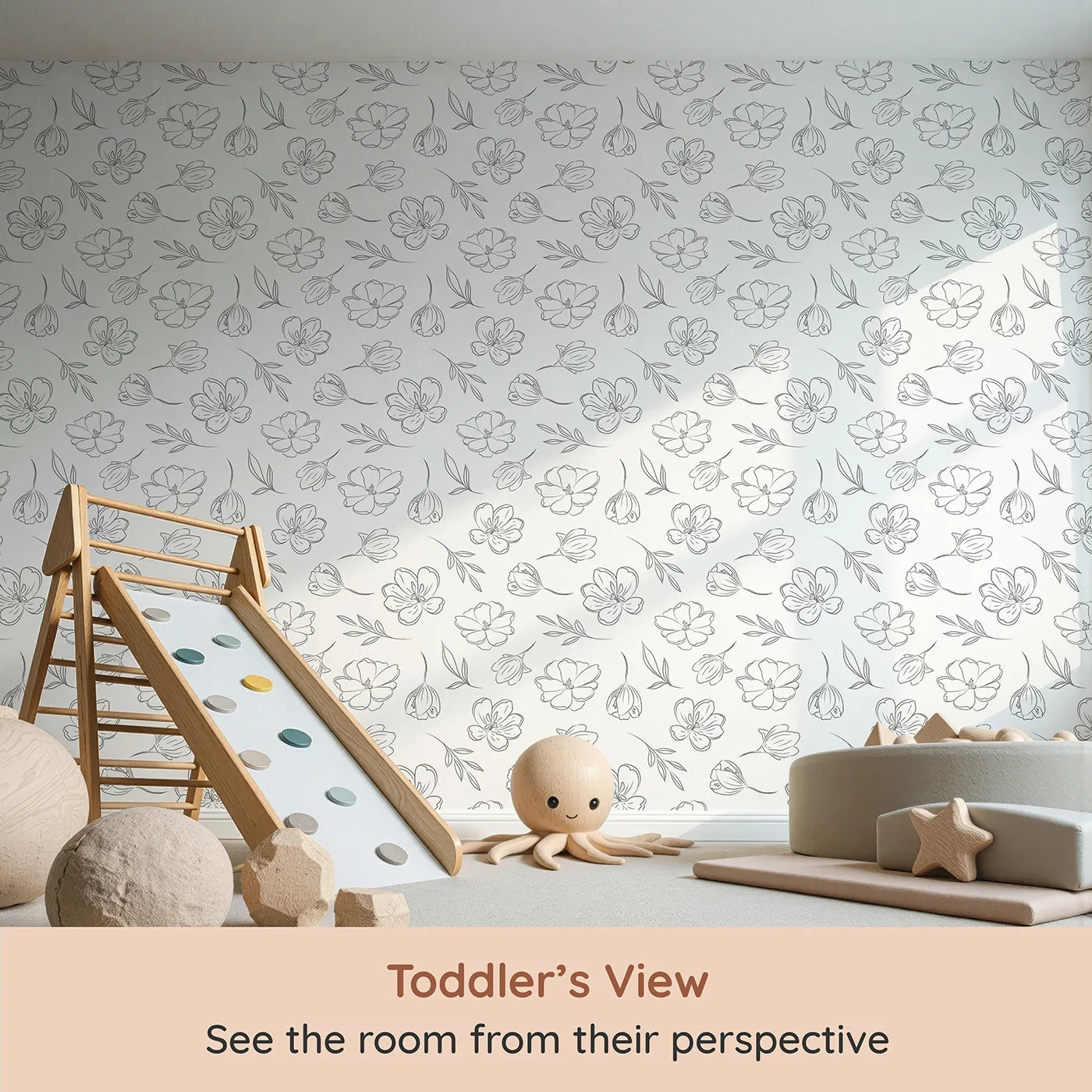 Whimsy Tots Petal Outline Bloom Wallpaper in White (W3410A) from your child's view.Elegant blossoms and leafy sprigs dance across a crisp white sky.