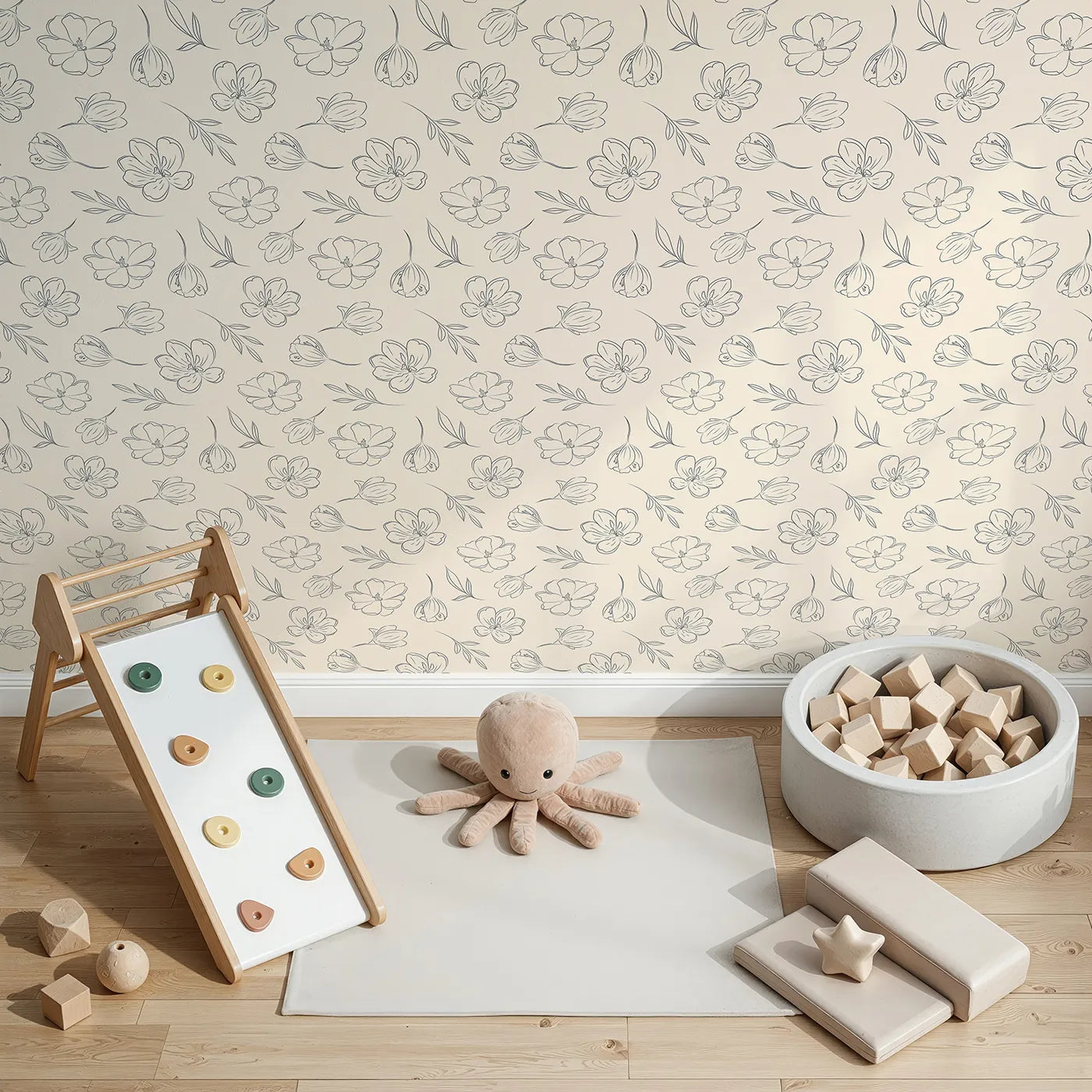 Top-Down view of Whimsy Tots' Petal Outline Bloom Wallpaper in Sand (W3410C).Line-drawn florals bloom softly across a sandy beige sky.