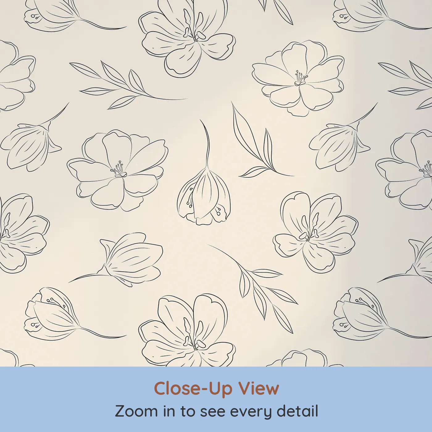 Close-up view of Whimsy Tots' Petal Outline Bloom Wallpaper in Sand (W3410C).Line-drawn florals bloom softly across a sandy beige sky.