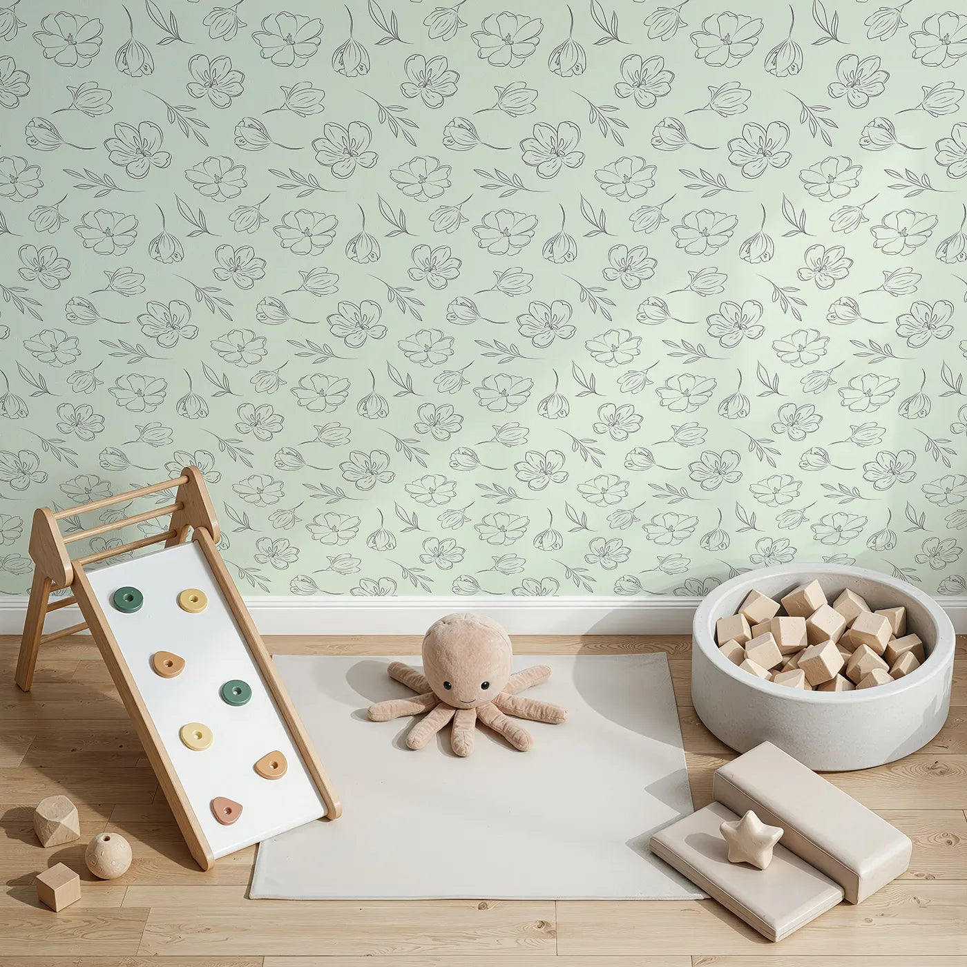 Top-Down view of Whimsy Tots' Petal Outline Bloom Wallpaper in Green (W3410D).Fine line florals bloom across a soft leafy green sky.
